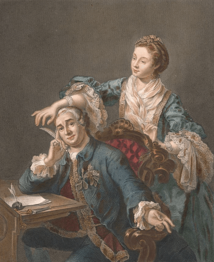 A seated man in ornate clothing looks contemplative while a woman in elegant attire stands beside him.