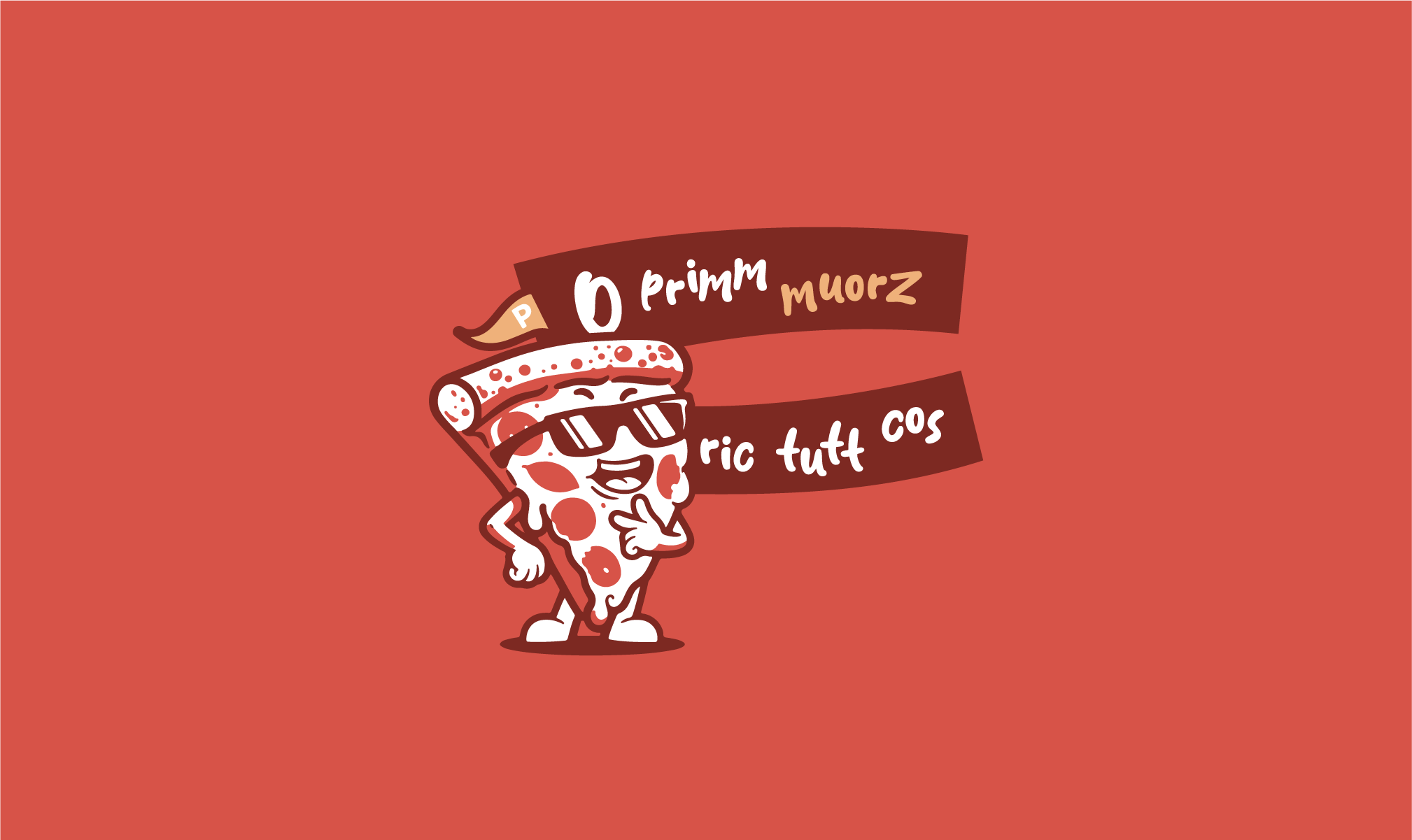 Nu Muorz pizza mascot illustration with banner text on a red background.