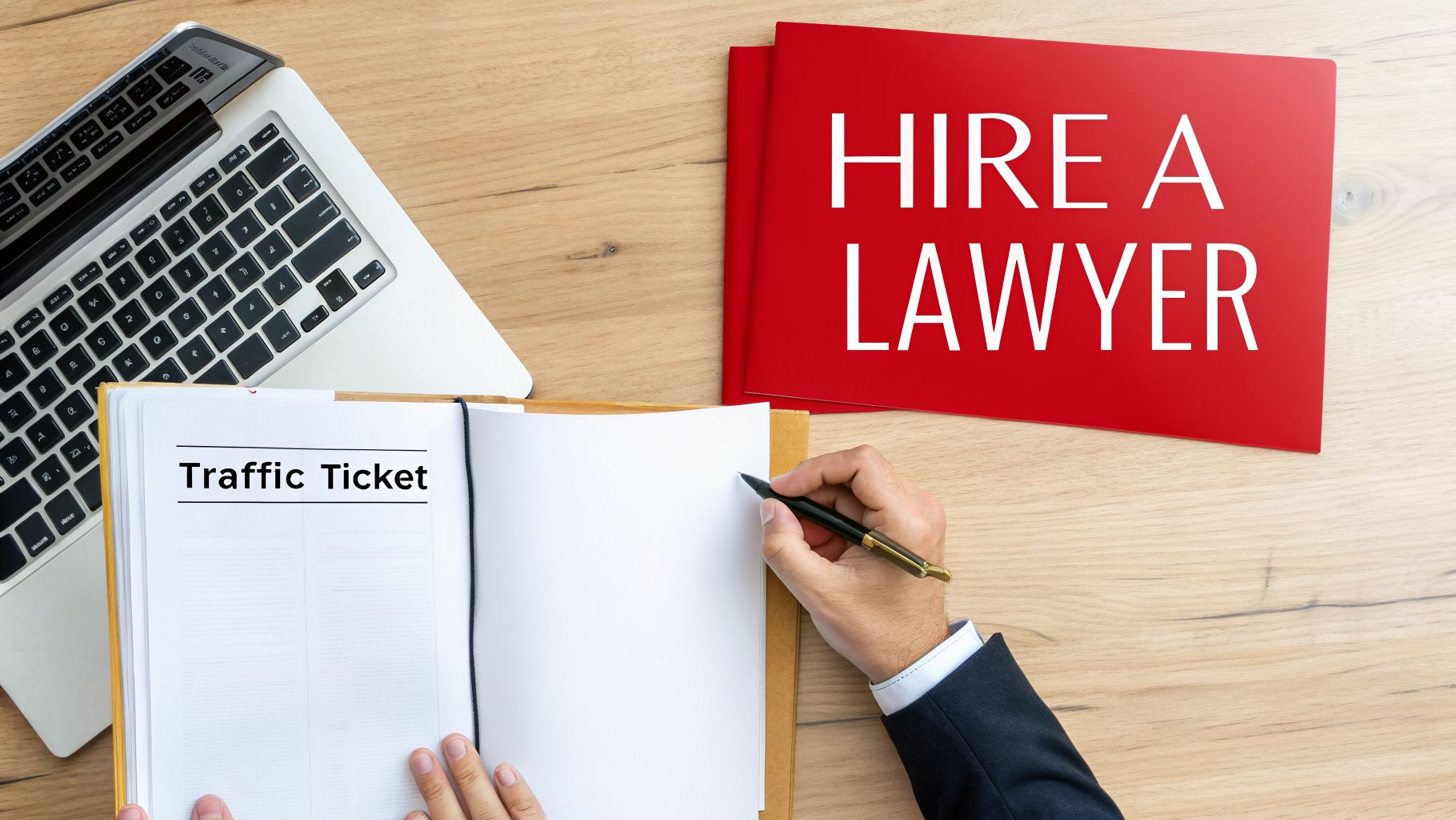 Overhead view of hands holding a notebook with 