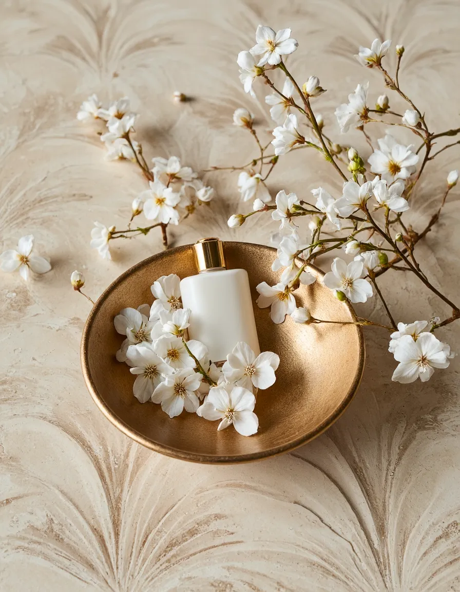 Minimalist still life with white cherry blossoms surrounding a white perfume bottle with gold cap in a gold dish on marble surface