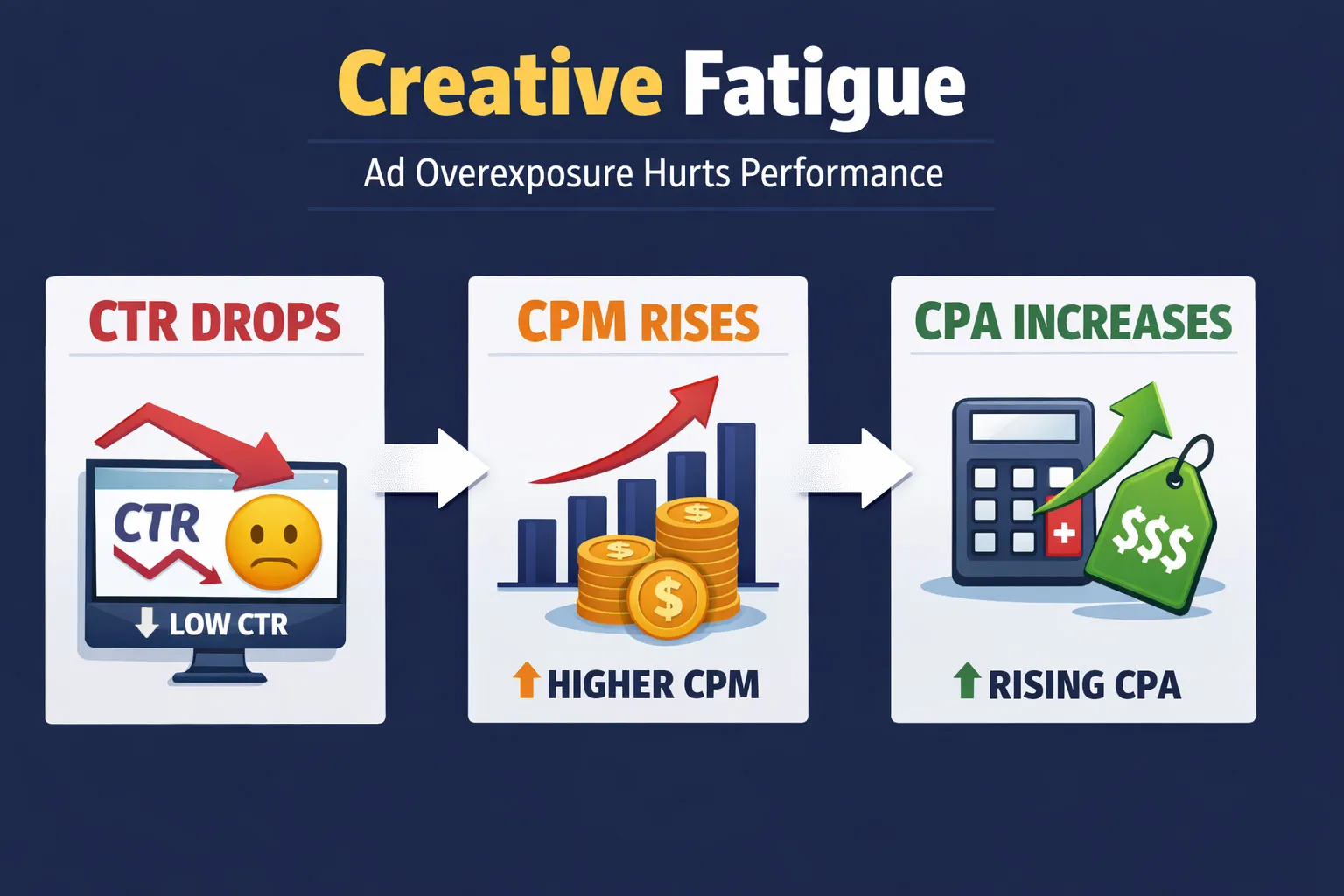 Creative fatigue: falling CTR leads to higher CPM and rising CPA costs.