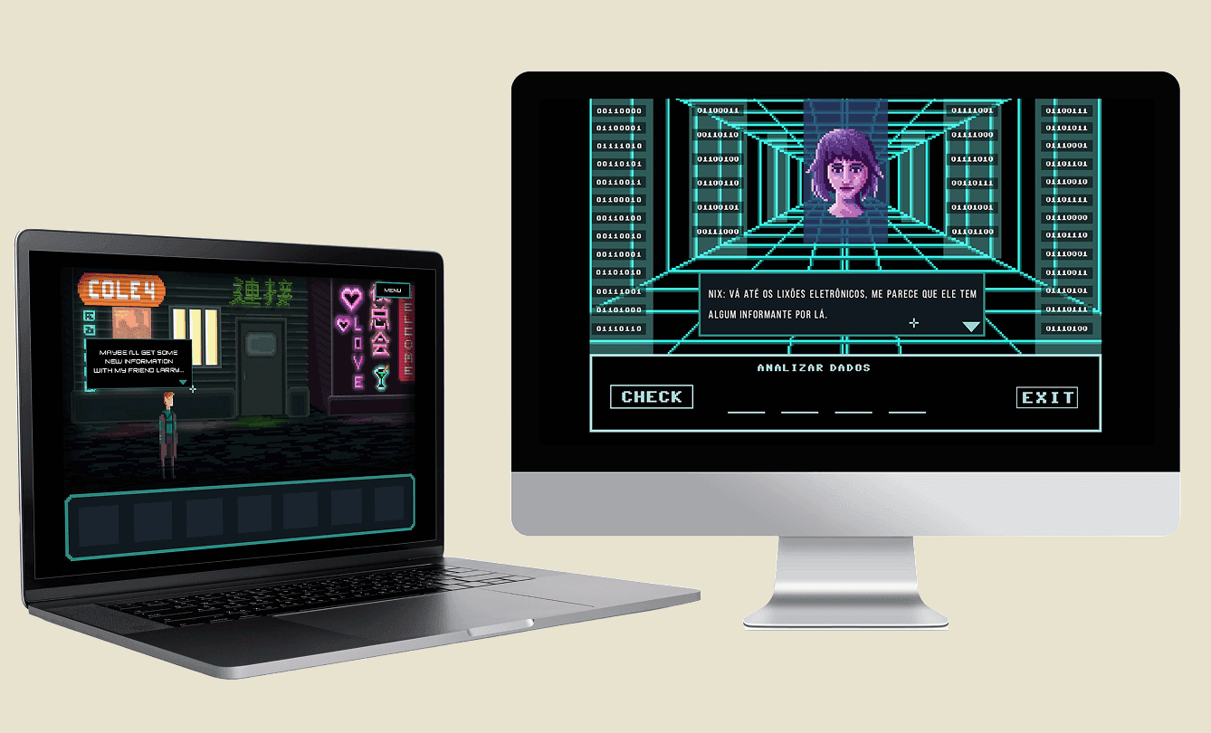 Foto de um notebook e um desktop com as telas do jogo Silence in Space - Season Two