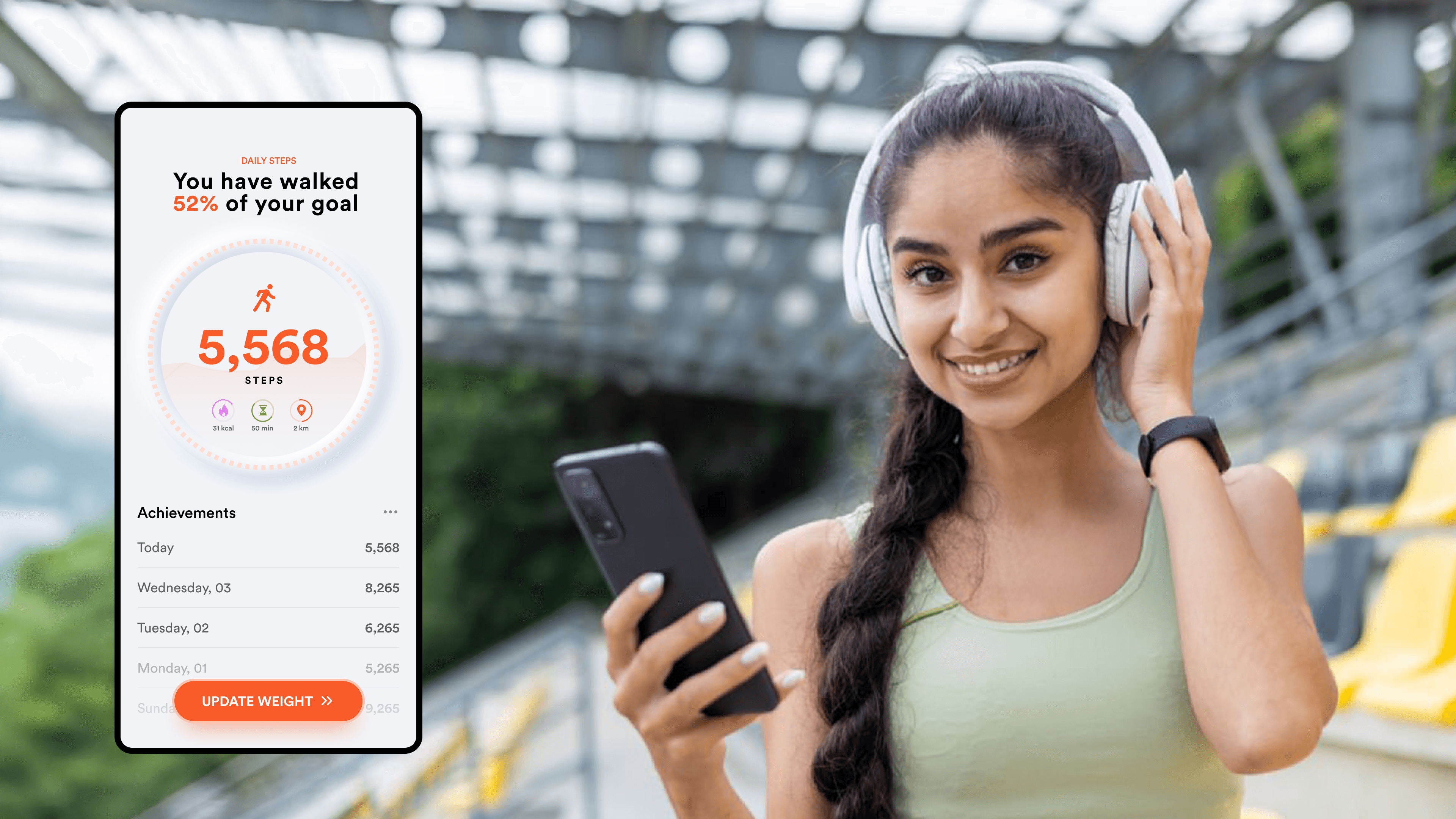 Young woman smiling while tracking her walking goals using a fitness app that shows progress towards a daily step goal of 5,568 steps. Perfect representation of modern fitness tracking and health monitoring.- Benefits of walking for heart health - Walking for cardiovascular health - Heart health exercises - Walking to lower blood pressure - Simple exercises for heart health - How walking improves heart health - Walking benefits for heart patients - Daily walking for healthy heart - Steps to improve heart health - Walking as exercise for heart care - Walking and heart disease prevention - Best exercise for heart health - Walking routine for cardiovascular health - Improve heart health with walking - Walking to reduce heart attack risk 