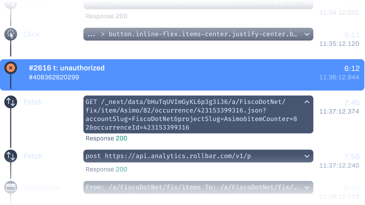 A list of telemetry events on a timeline.