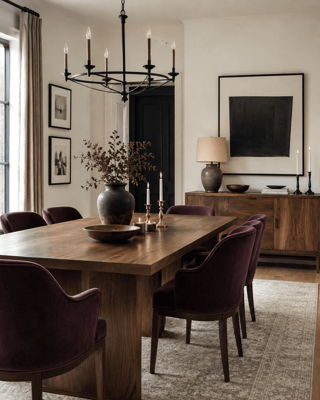 Modern dining room with a large wooden table, plum velvet chairs, black metal chandelier, neutral wall art, and minimalist decor. Elegant contemporary interior design with natural light, textured rug, and stylish sideboard.