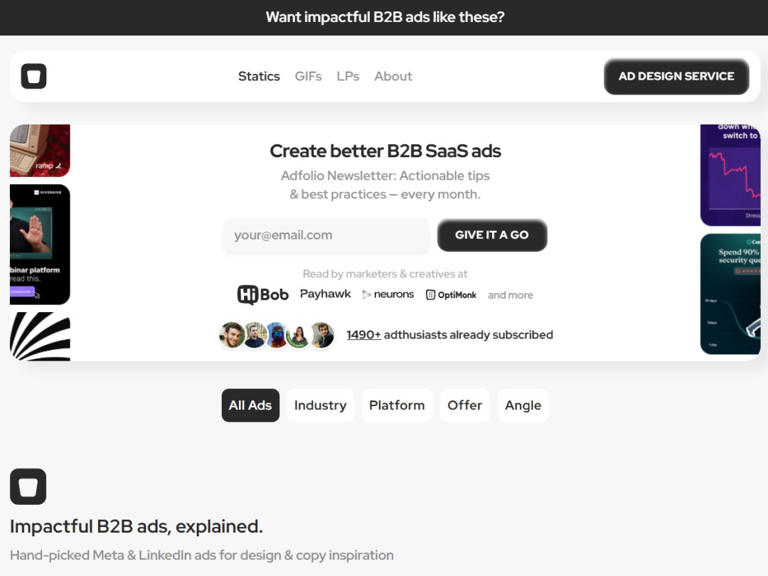Newsletter signup for B2B SaaS ad tips; service options above and below.