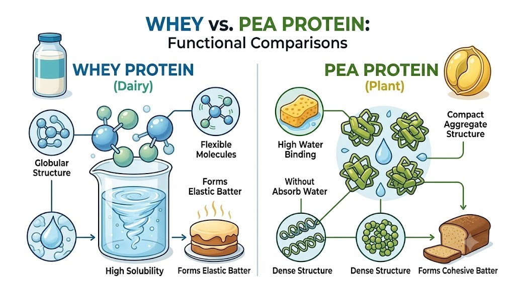 The illustration contrasts the high solubility and elastic batter of dairy protein with the high water binding, dense structure, and cohesive batter of plant protein from yellow peas.