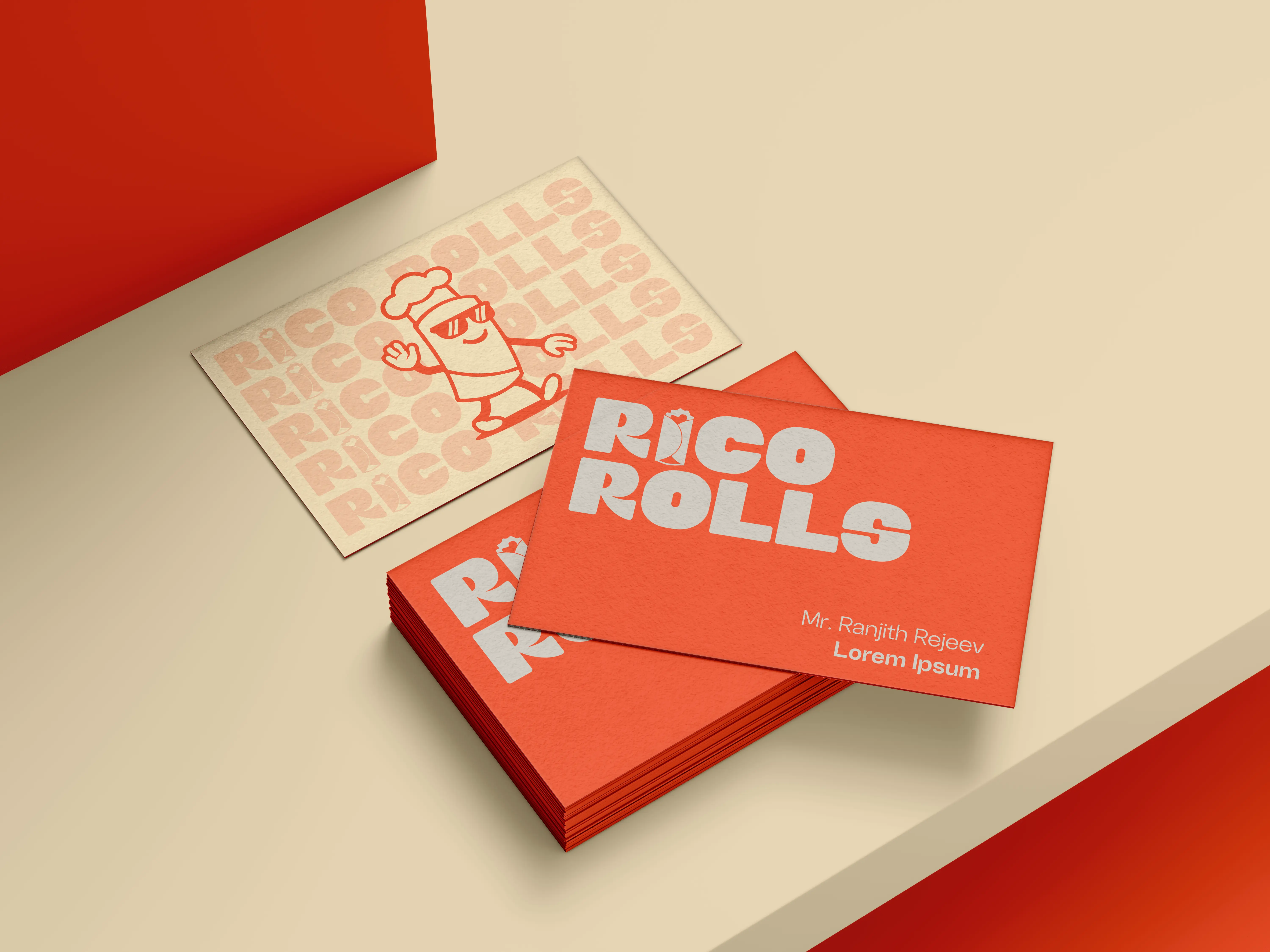 Rico Rolls branded business card mockup featuring the bold logo and mascot illustration in a red and beige color palette.