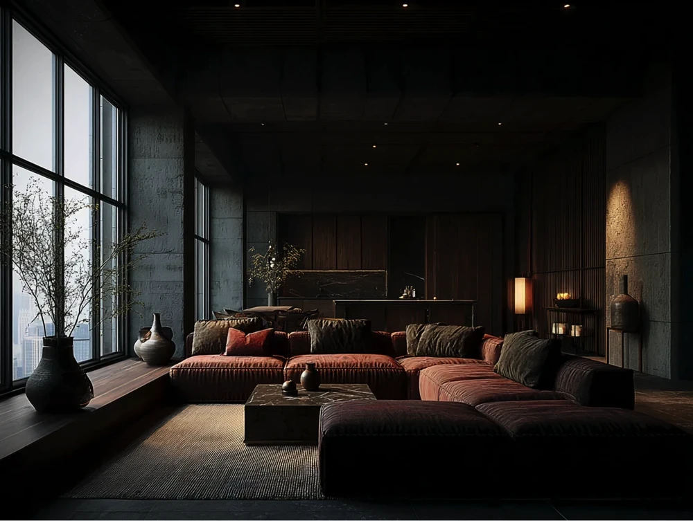 brown sectional couch near window