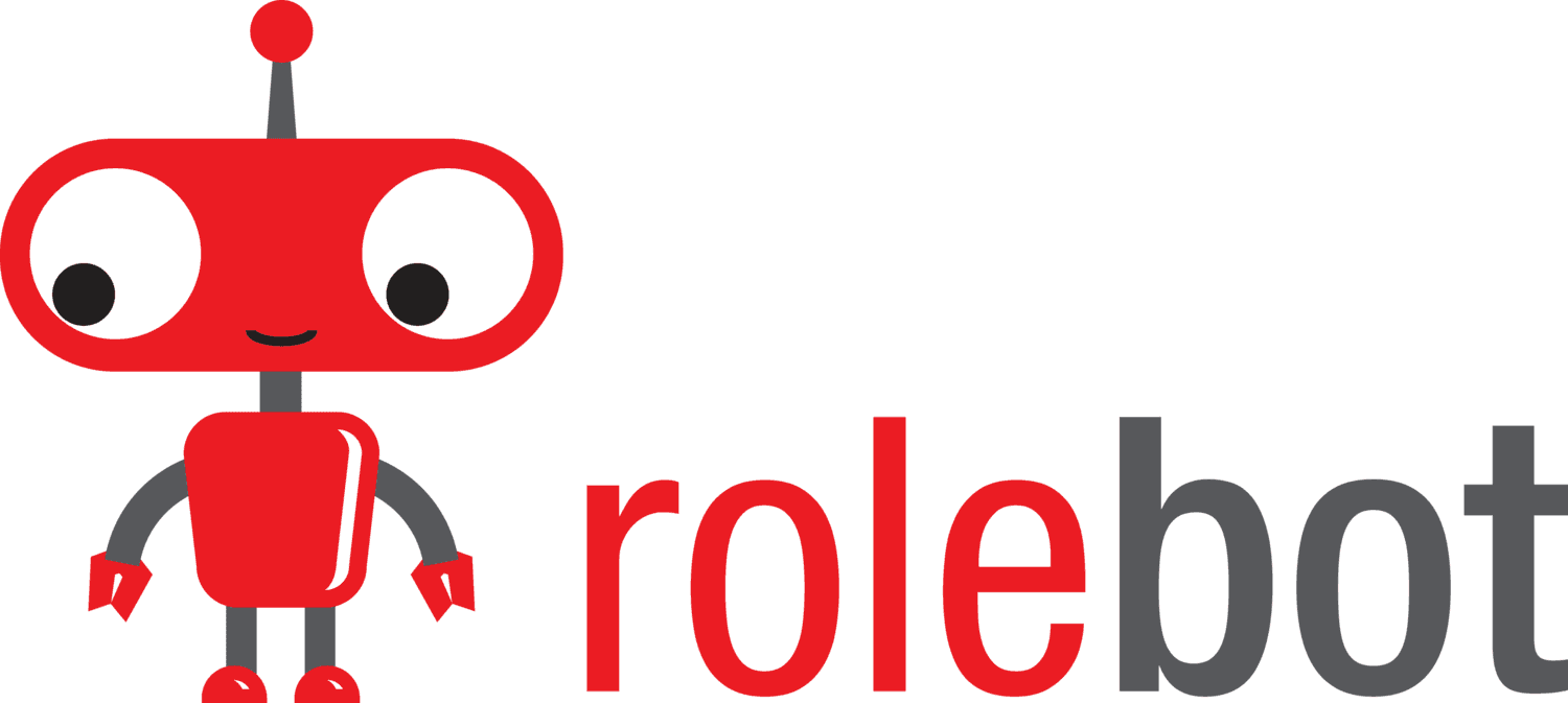 Rolebot logo featuring a red cartoon robot and red and gray text on a white background.Rolebot logo featuring a red cartoon robot and red and gray text on a white background.