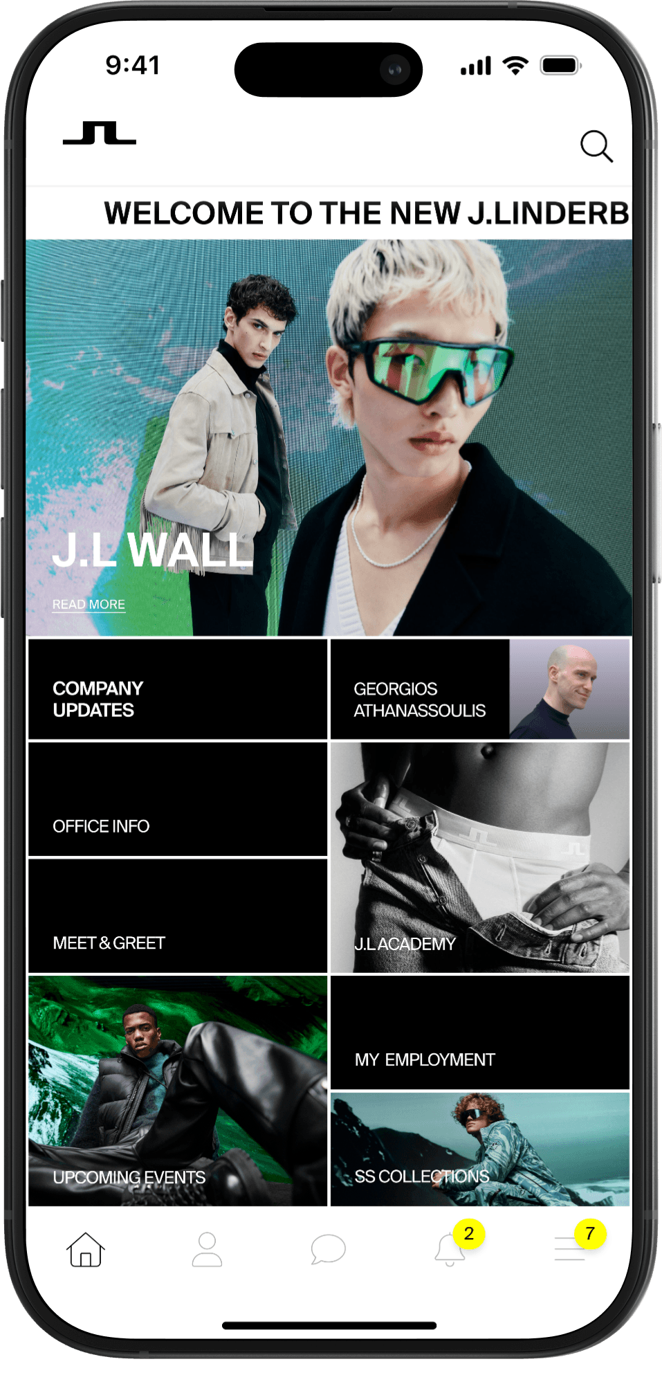 Mobile app interface showing the J.Lindeberg internal app home screen with navigation, company updates, and content sections.