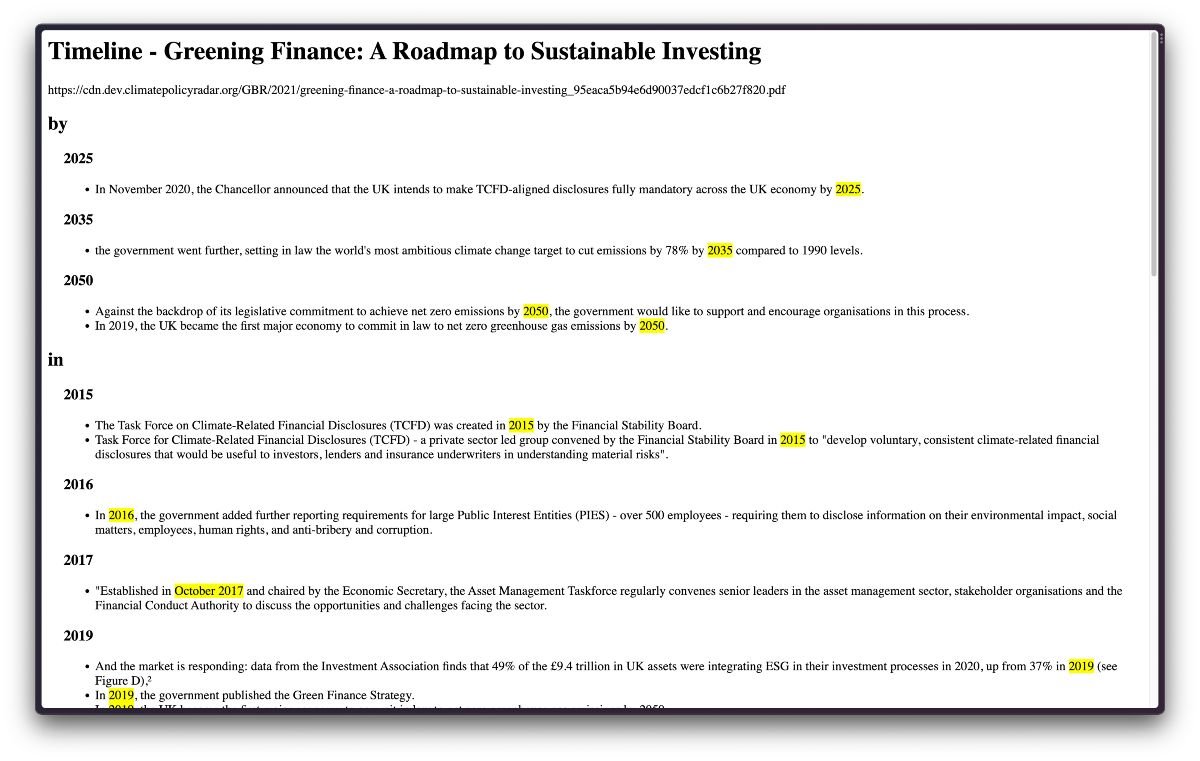 This demo shows how our prototype extracted dates and related prepositions from the UK policy “ Greening Finance: A Roadmap to Sustainable Investing ”.