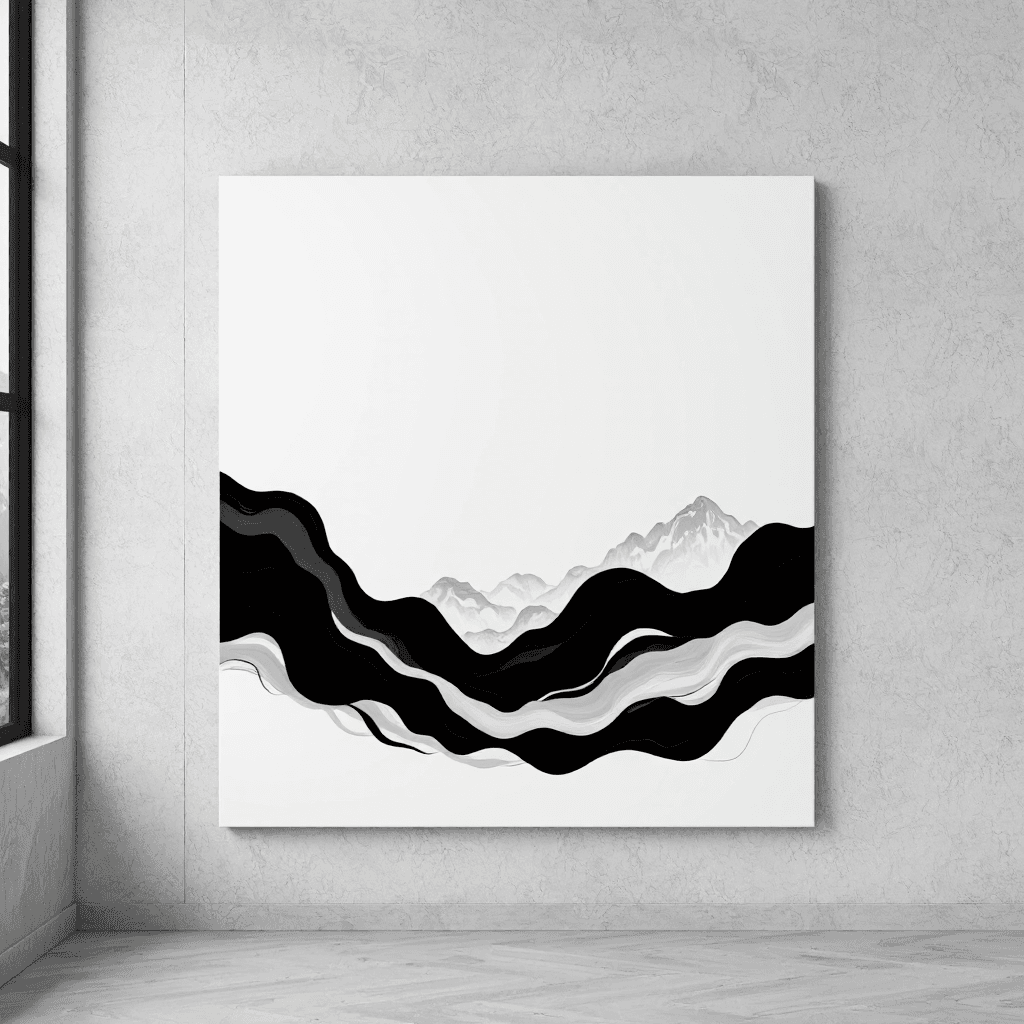 product photography of a canvas painting with abstract black and white patterns