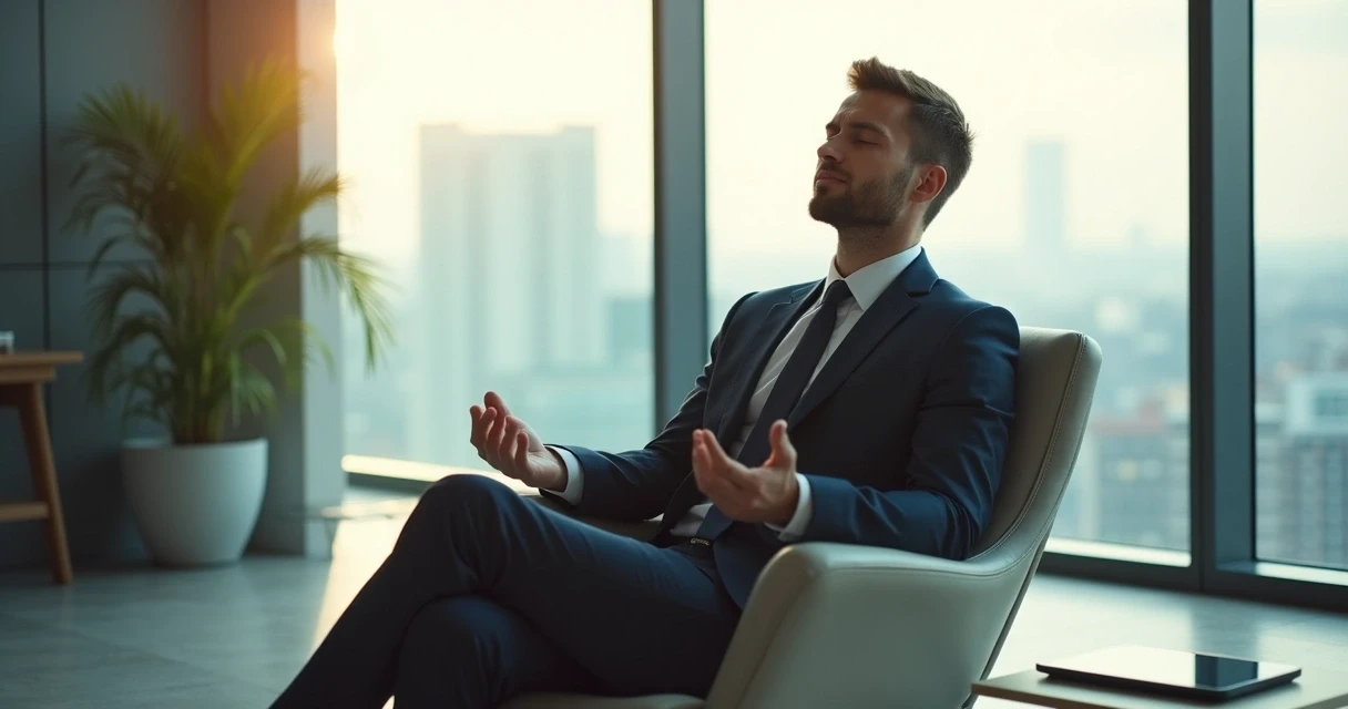 Homem de terno sentado em cadeira, olhos fechados, respirando profundamente 