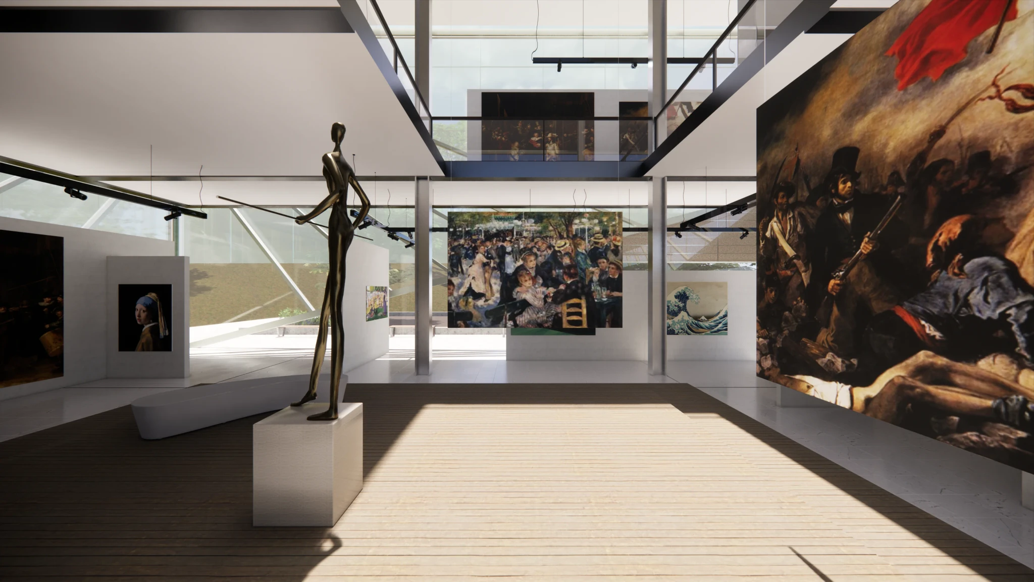 An art gallery with sun coming from above iluminating some paintings.