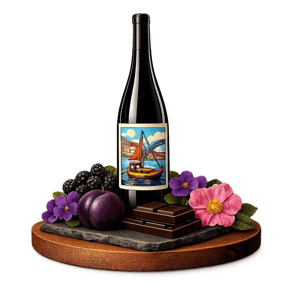 Artistic label and flavor profile for Portuguese Douro Red on a rustic wooden table.