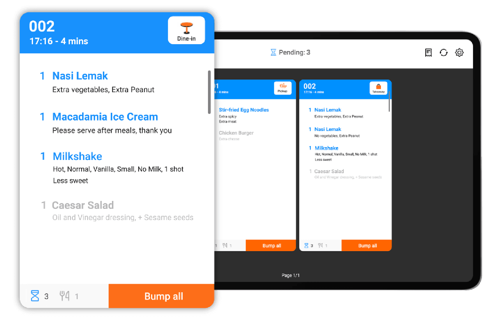 StoreHub Kitchen Display System (KDS) managing real-time kitchen orders and item modifiers for Malaysian F&B businesses.