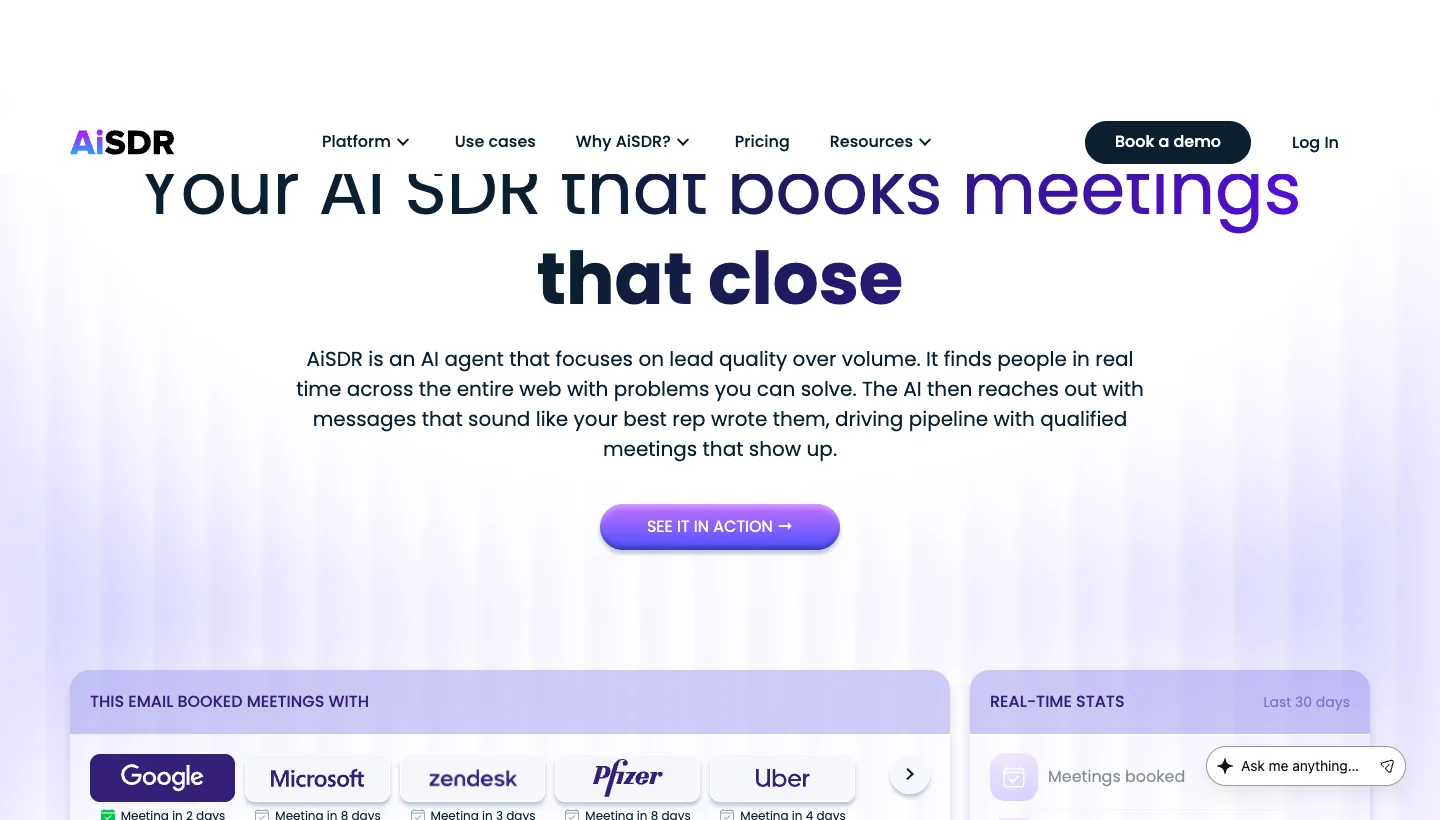 AiSDR homepage: AI SDR for autonomous email and LinkedIn outreach
