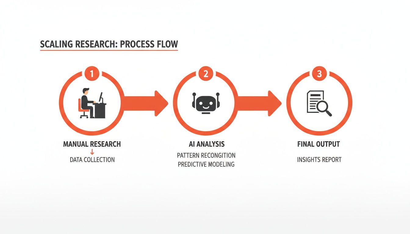 A three-step process flow for scaling research: manual data collection, AI analysis, and final report.