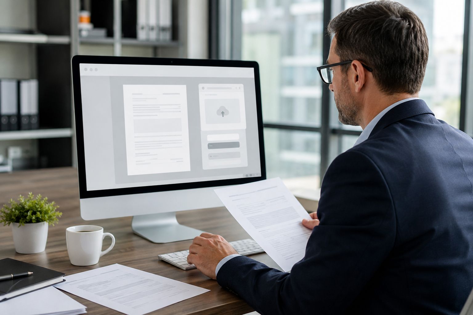 Man reviewing digital documents on a desktop computer in a modern office