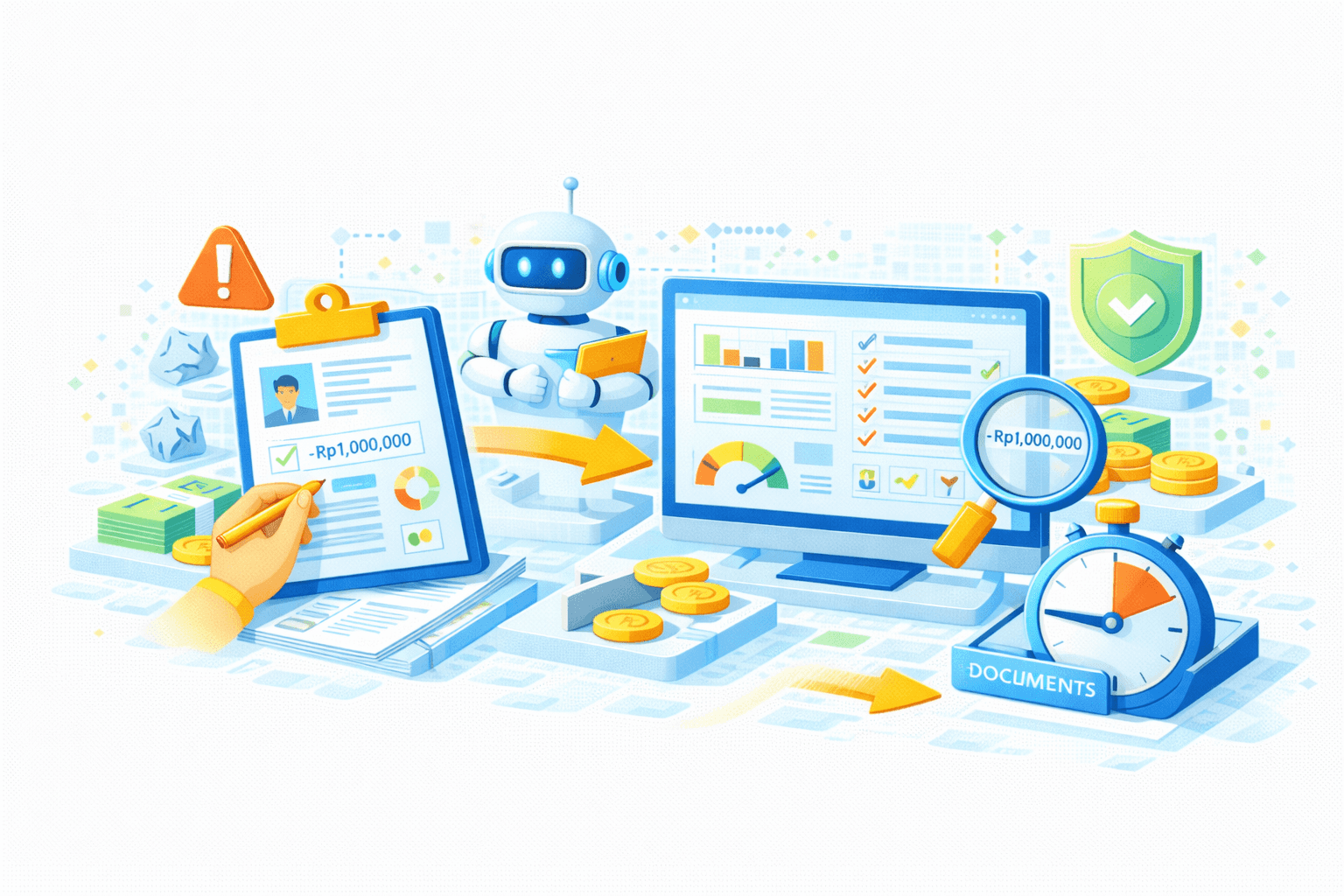 Ilustrasi validasi keuangan dan koreksi berbasis AI dengan audit trail. Di sisi kiri, proses manual ditunjukkan oleh tangan manusia yang menandai laporan pada clipboard dengan nilai −Rp1.000.000, disertai ikon peringatan, kertas kusut, dan uang/koin—melambangkan potensi kesalahan dan risiko. Panah kuning mengarah ke tengah.  Di tengah, AI/robot assistant memegang tablet, merepresentasikan otomasi dan asistensi analitik dalam proses koreksi. Di sisi kanan, dashboard digital pada monitor menampilkan checklist validasi, grafik kinerja, dan risk gauge, dengan kaca pembesar menyorot nilai −Rp1.000.000 yang telah diverifikasi. Perisai hijau bertanda centang menandakan keamanan dan kepatuhan, sementara ikon jam dan label DOCUMENTS menunjukkan ketepatan waktu dan dokumentasi/audit trail. Visual menggambarkan transisi dari input manual berisiko ke validasi otomatis yang aman, akurat, dan compliant.