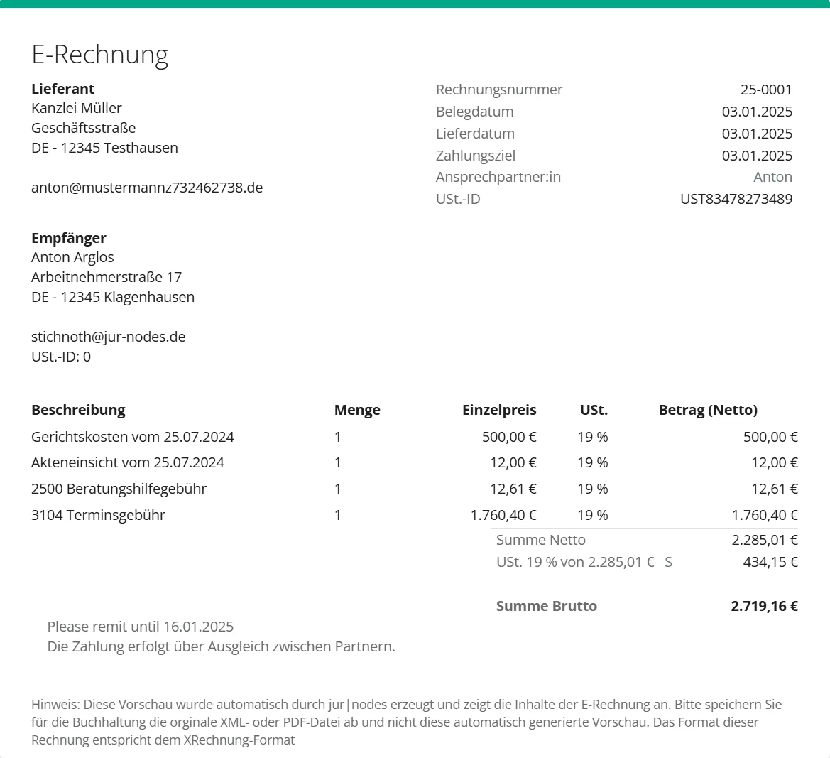Ansicht der E-Rechnung in jur|nodes