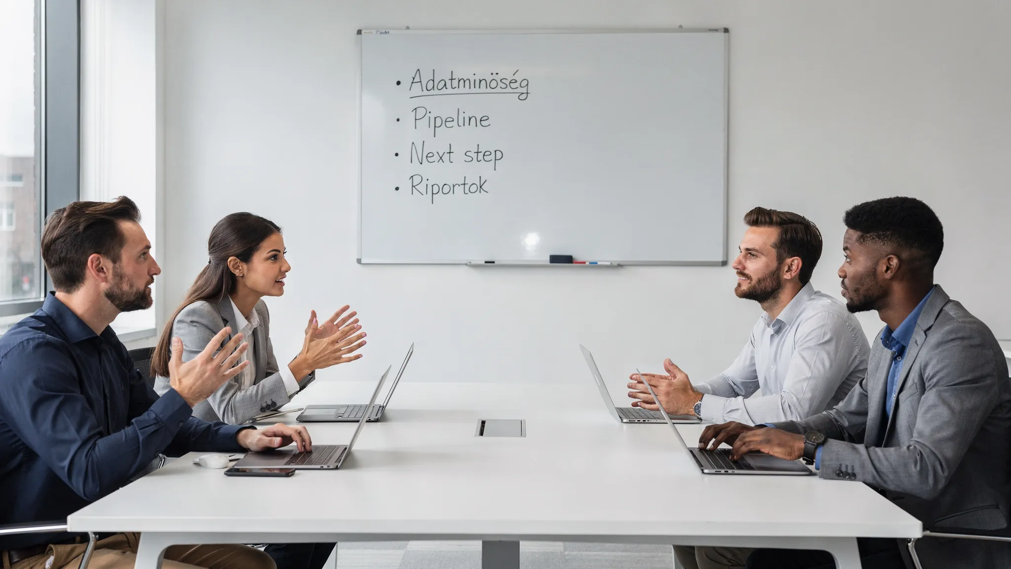 Egy kis csapat megbeszélés közben egy tárgyalóban, a falon egy egyszerű tábla: Adatminőség, Pipeline, Next step, Riportok. Laptopok zárva, fókusz a folyamategyeztetésen.