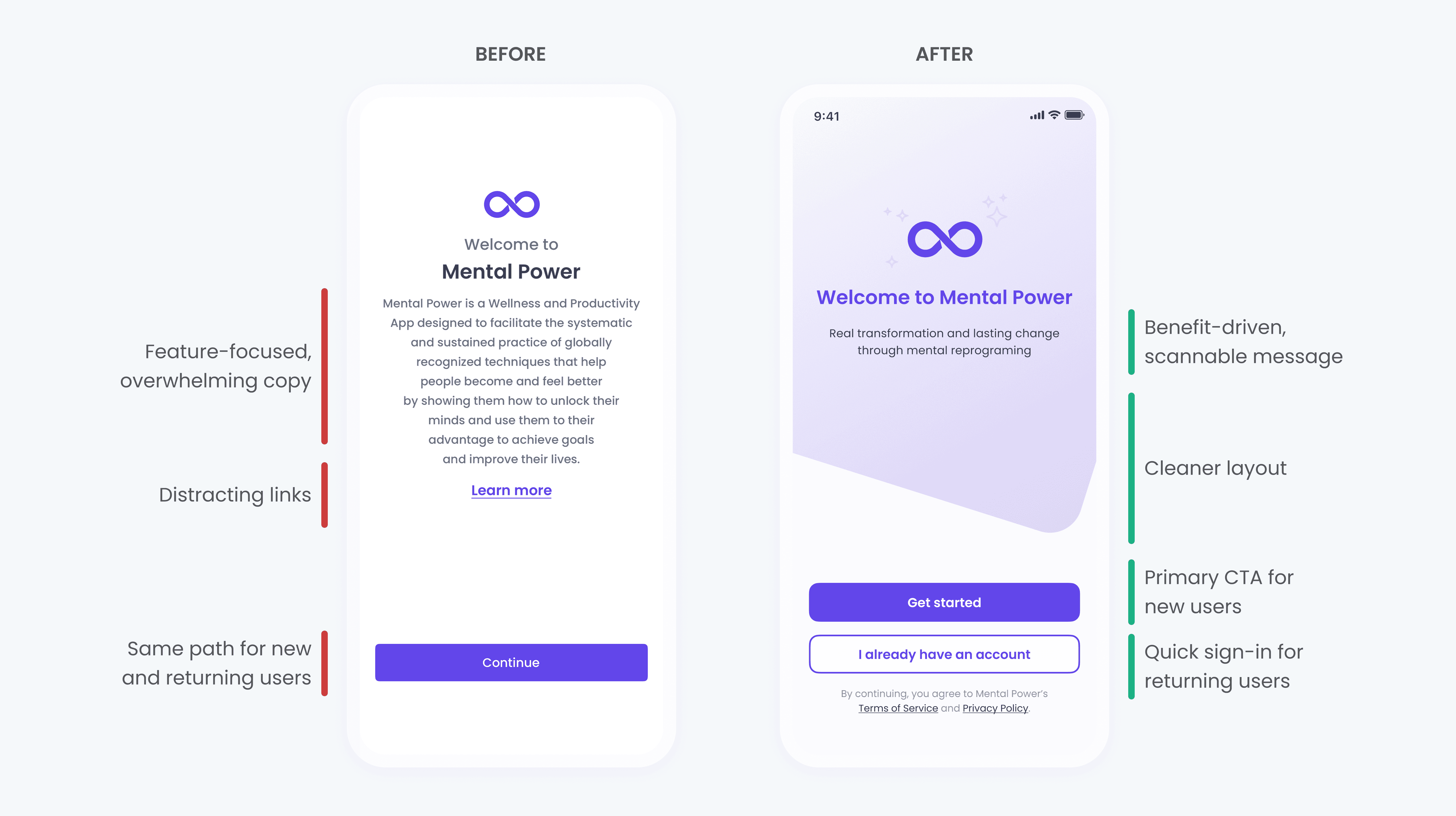 Side-by-side comparison of the Mental Power account creation screen before and after redesign. The original version used underlined text fields, while the redesigned screen uses outlined input fields to improve readability, accessibility, and form clarity, with a clearer primary action for account creation.