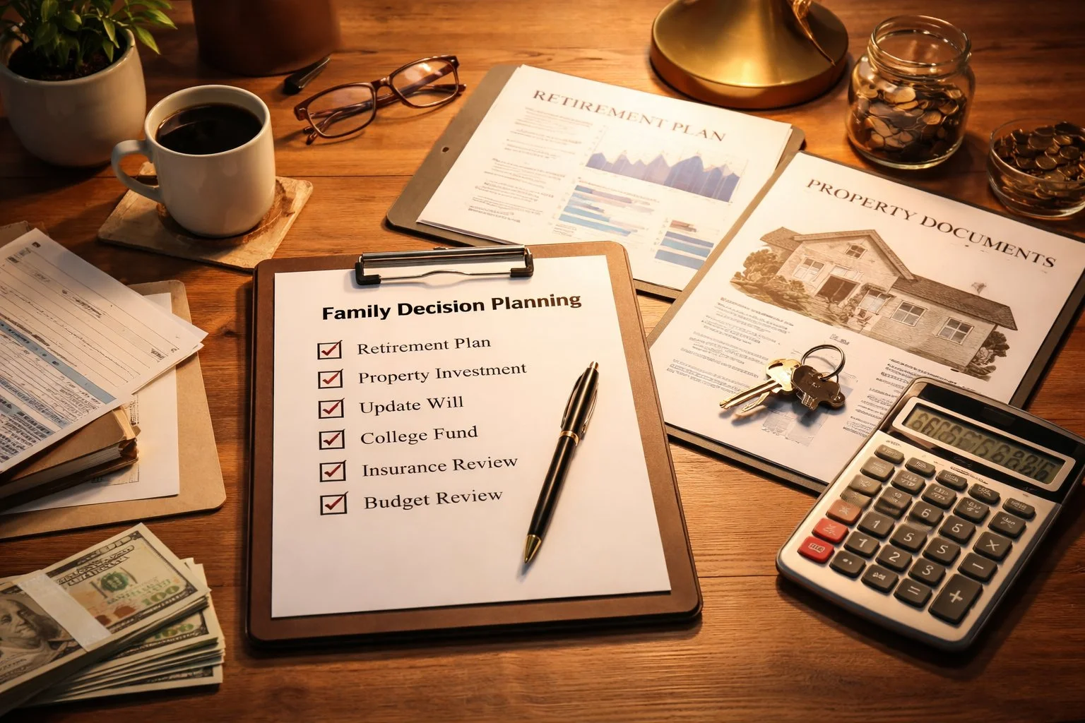 Family financial planning table with checklist, retirement documents, property papers, and calculators arranged under warm lighting.