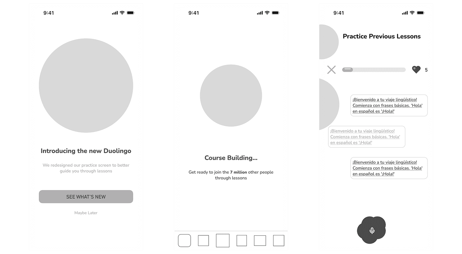 Low-fidelity wireframes for DuoChat showing early explorations of the conversation interface, scenario selection, and phrasebook screens
