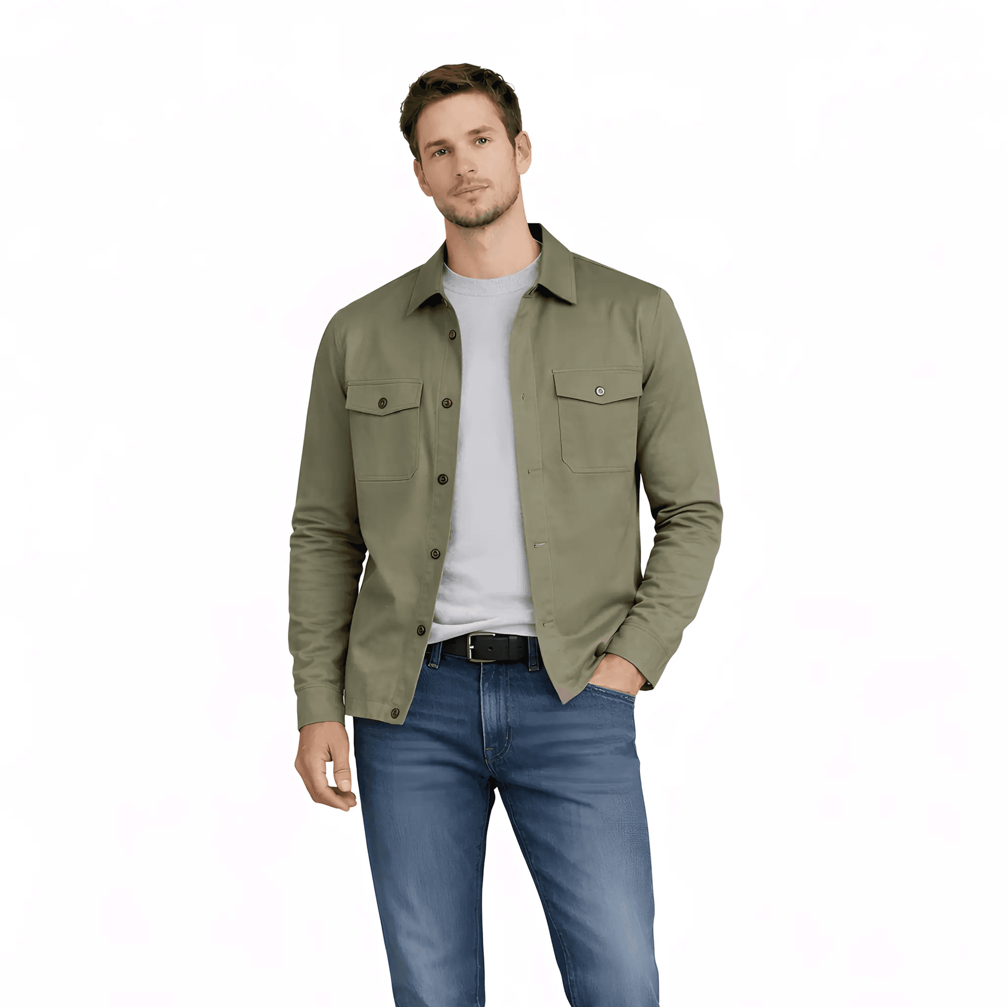 A man Posing with a green overshit and jeans