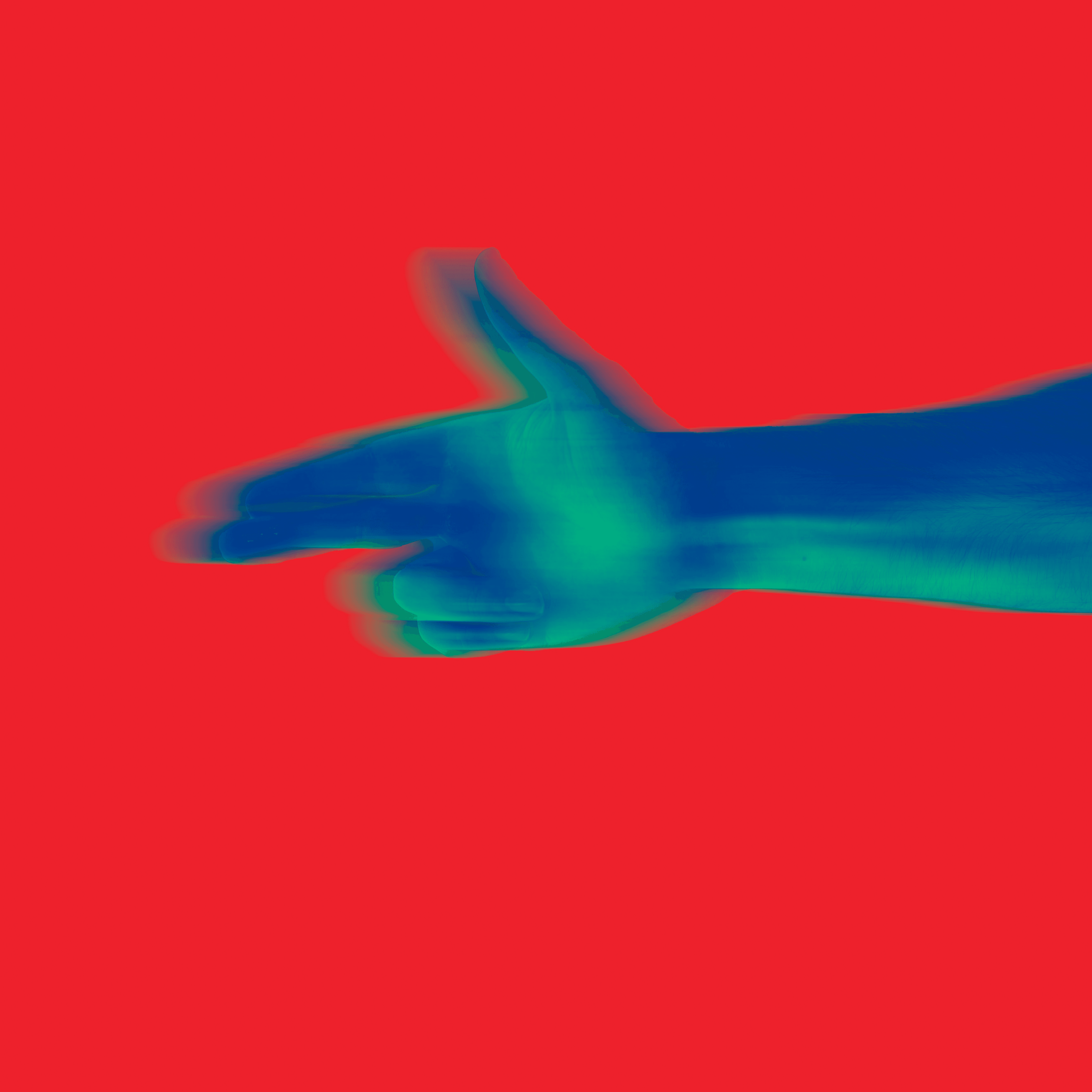 Blue-green hand on red background