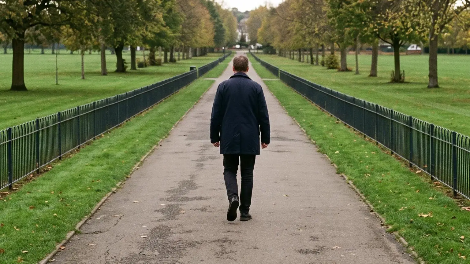 A person walking away along a path through a park