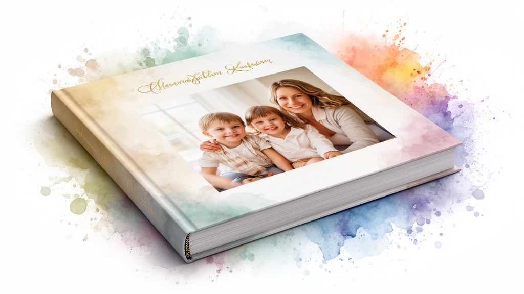 A personalized hardcover photo book featuring a joyful mother with her two children, surrounded by vibrant watercolor art.