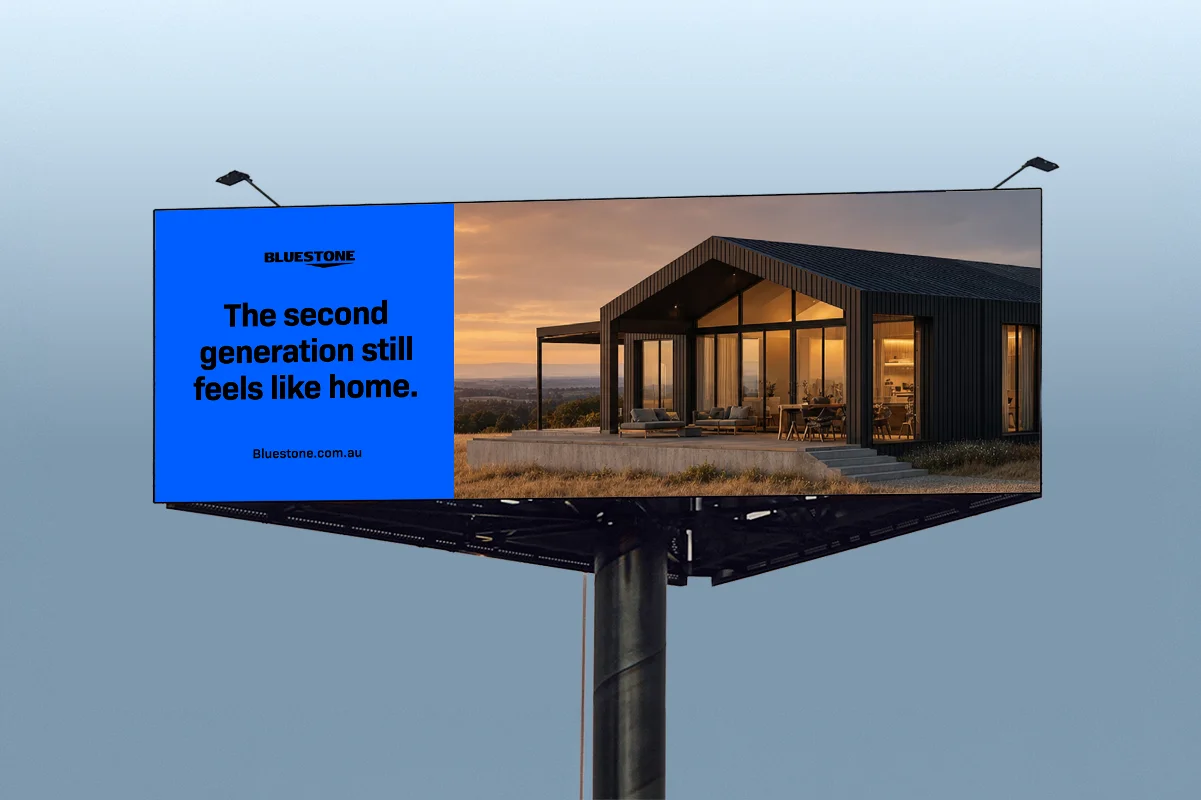 Brand design for Bluestone applied to a large outdoor billboard, with bold headline text on a bright blue background.