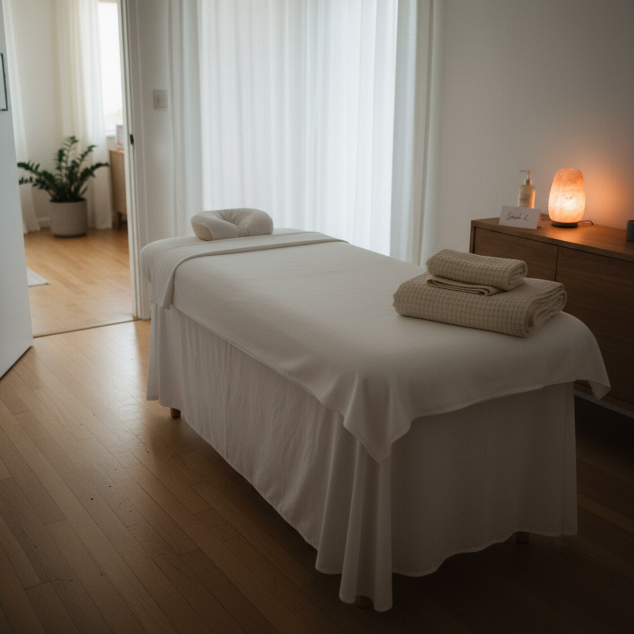 Eine Massagekabine ist frisch vorbereitet: Saubere Laken, gefaltete Handtücher, ein vorgewärmtes Kissen. Ein kleiner Zettel mit dem Namen des nächsten Gastes liegt auf dem Sideboard. Das Licht ist gedimmt, die Tür steht angelehnt. Alles deutet auf einen bald startenden Termin hin.