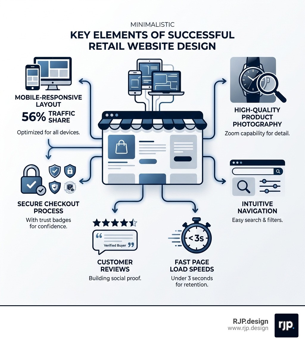 Infographic showing key elements of successful retail website design: mobile-responsive layout with 56% traffic share, secure checkout process with trust badges, high-quality product photography with zoom capability, intuitive navigation with search and filters, customer reviews for social proof, and fast page load speeds under 3 seconds - retail website designer infographic