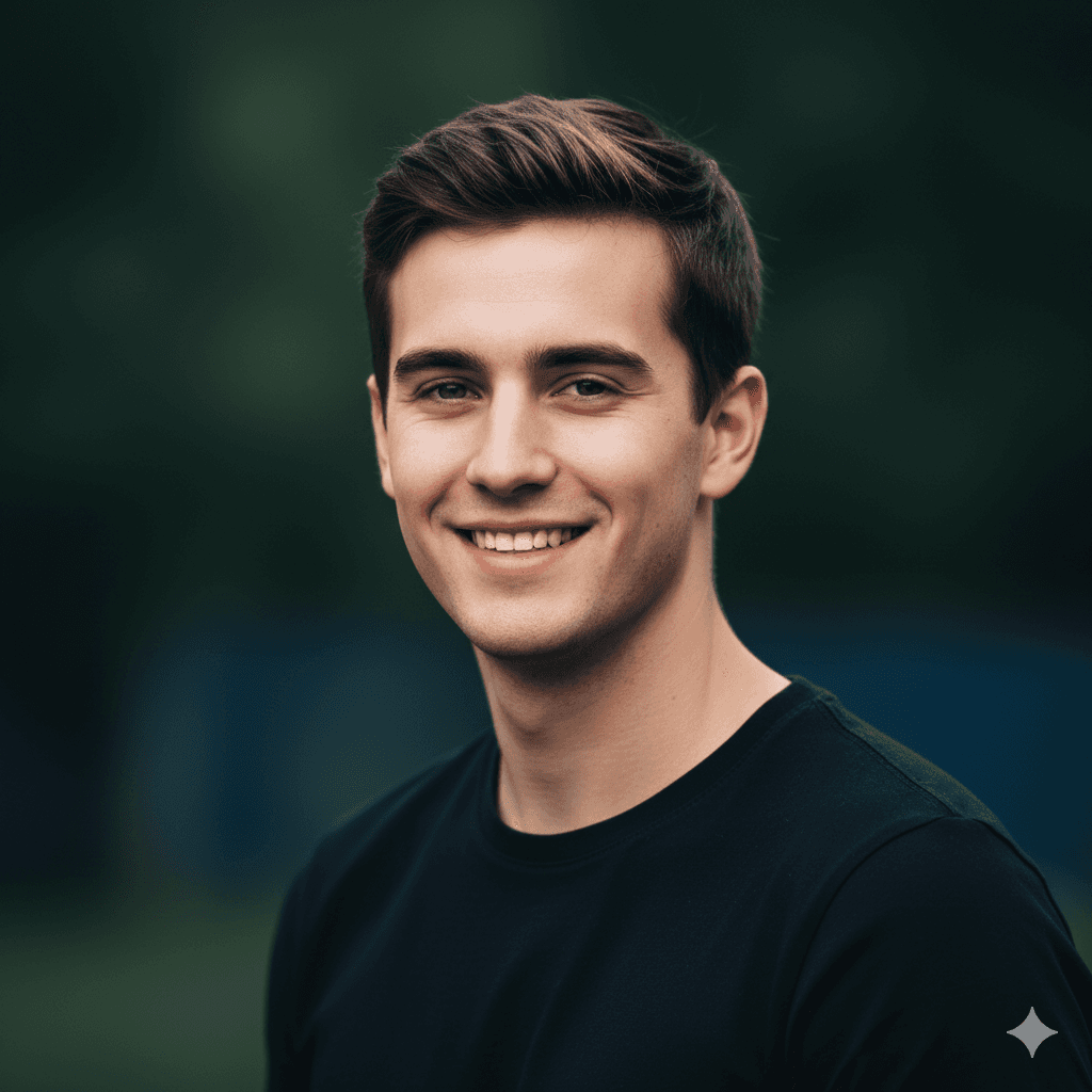 A smiling young man with crossed arms, wearing a plaid shirt and white t-shirt, poses against a dark background.