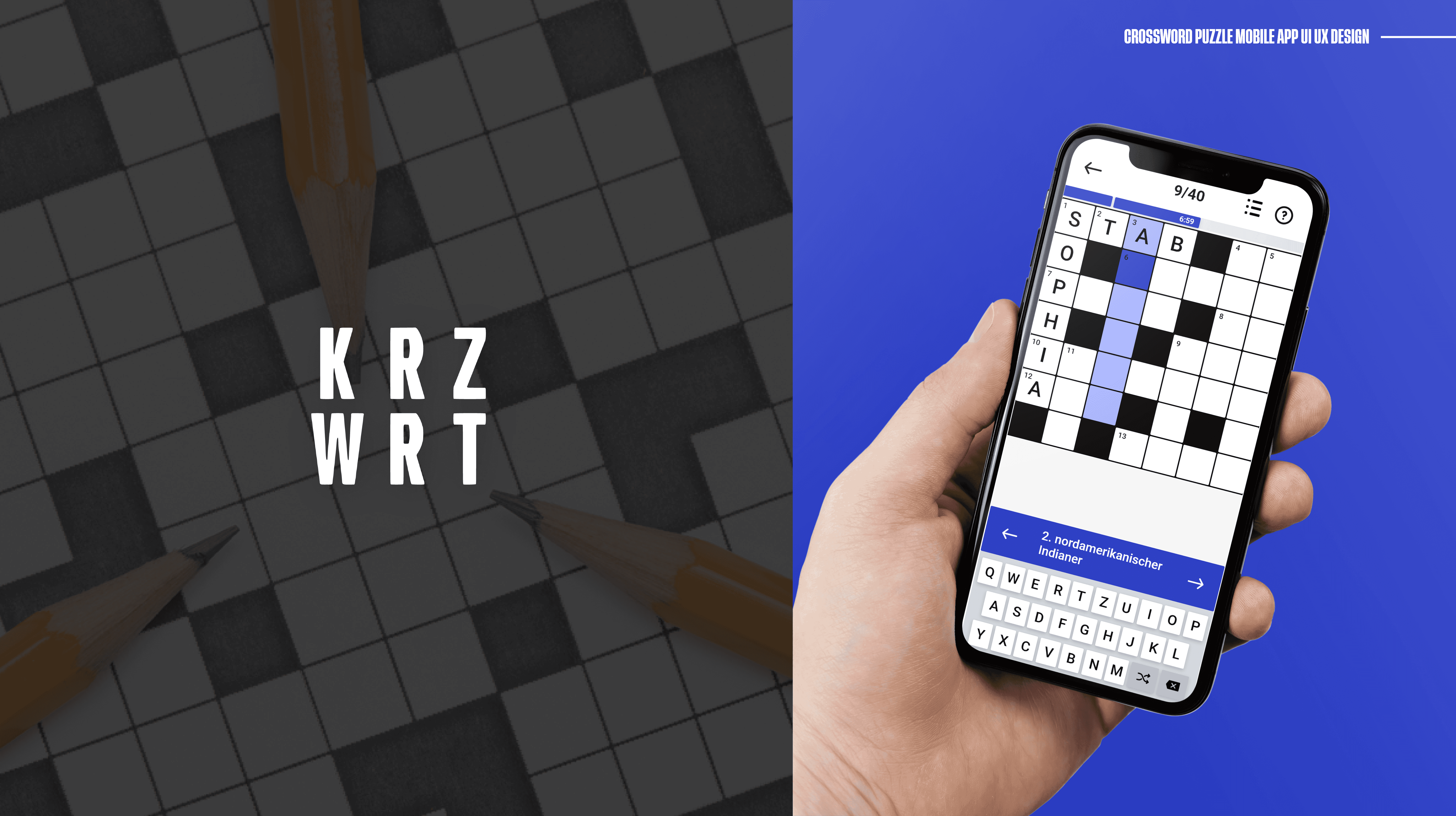 Crossword puzzle mobile app UI/UX design for German users with a clean, minimal interface.