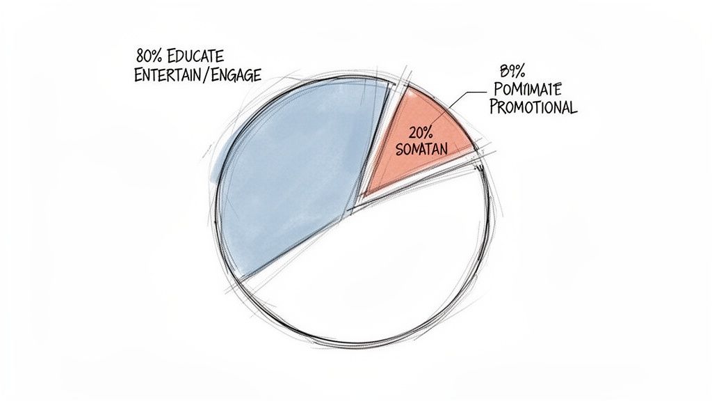 Hand-drawn pie chart depicting content strategy: 80% educate/engage, 20% Somatan, with a note on promotional content.