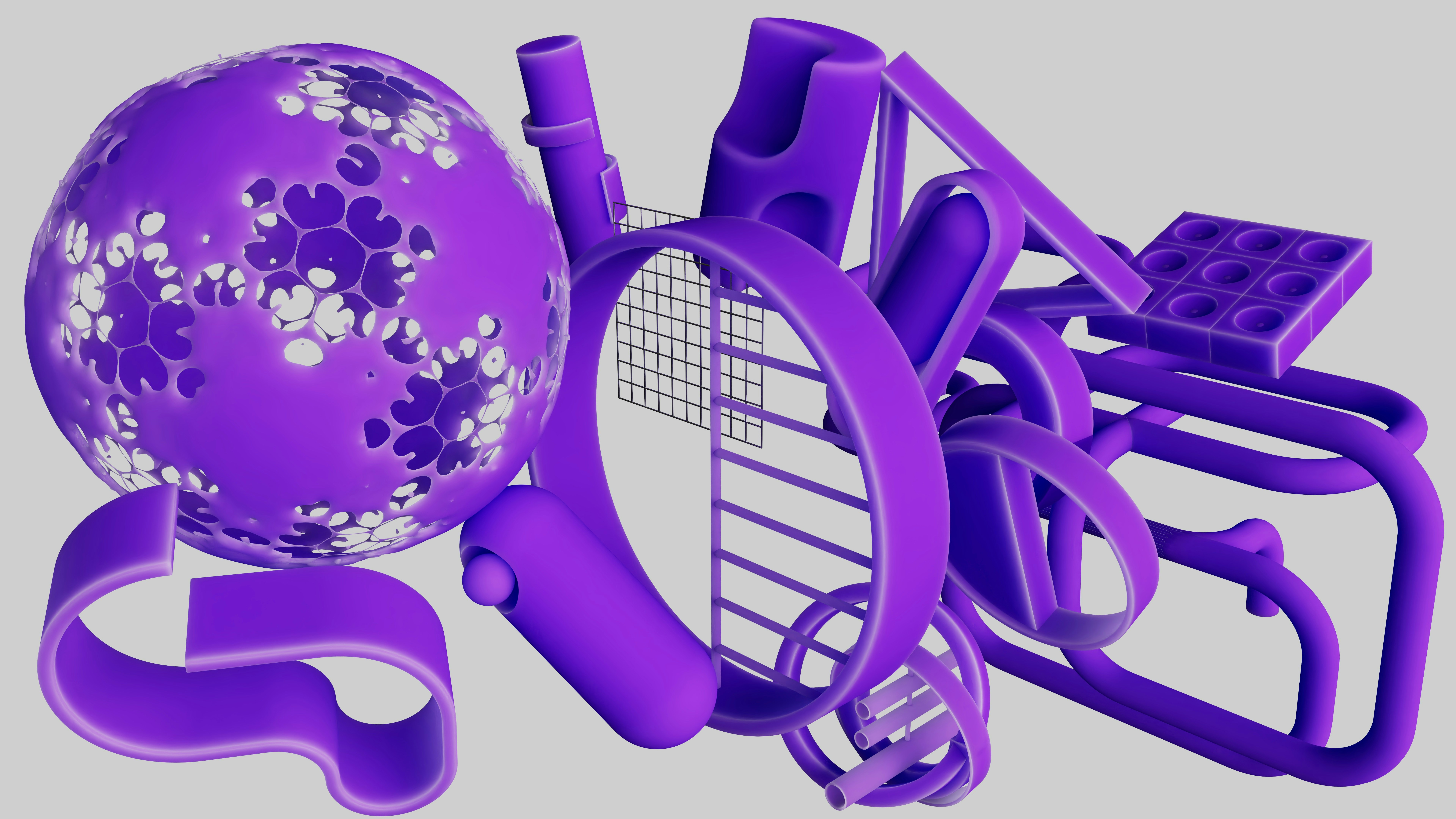 Abstract purple 3D composition with geometric shapes and glossy materials