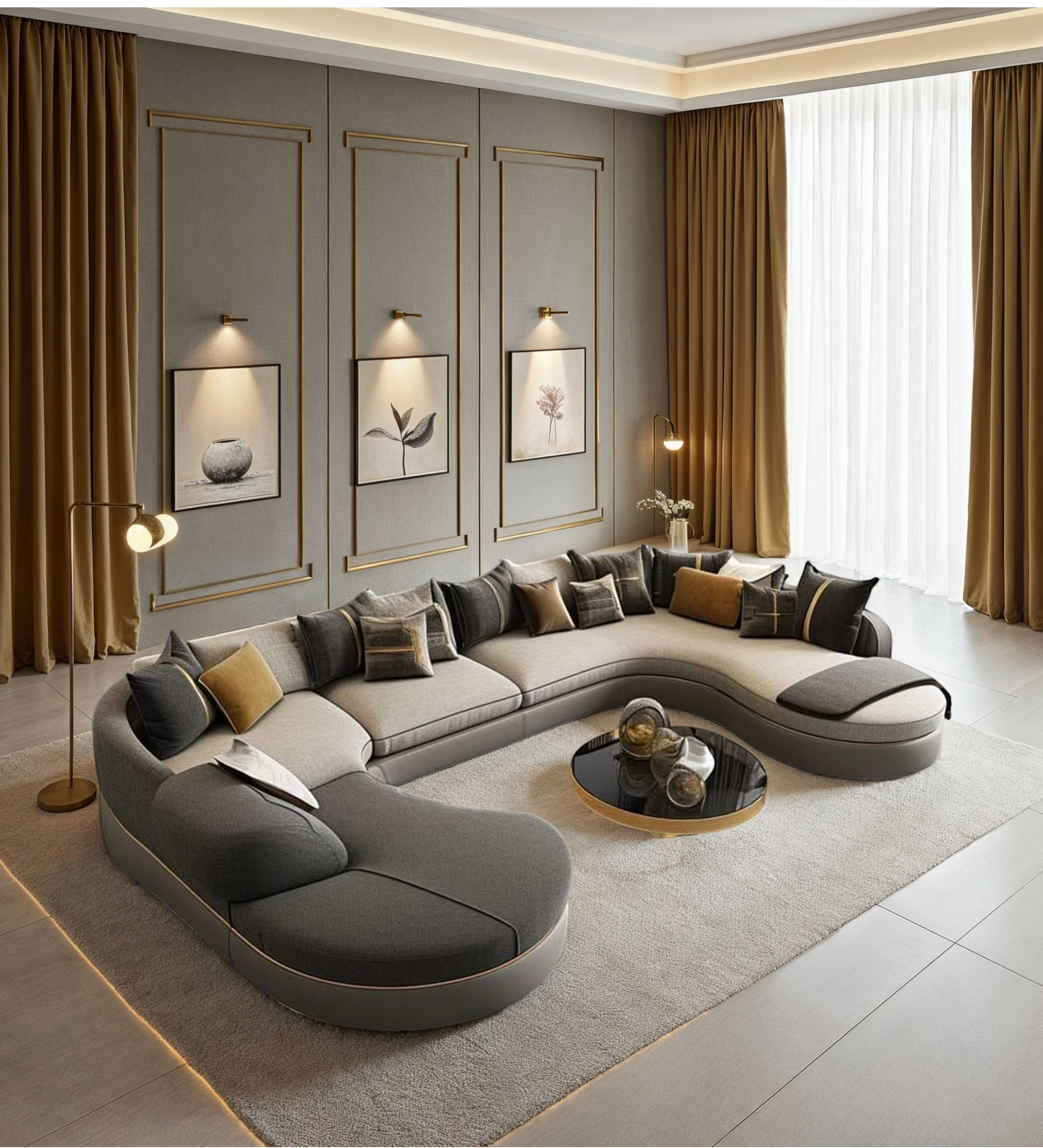 Curved sectional sofa with deep seating and coordinated back cushions