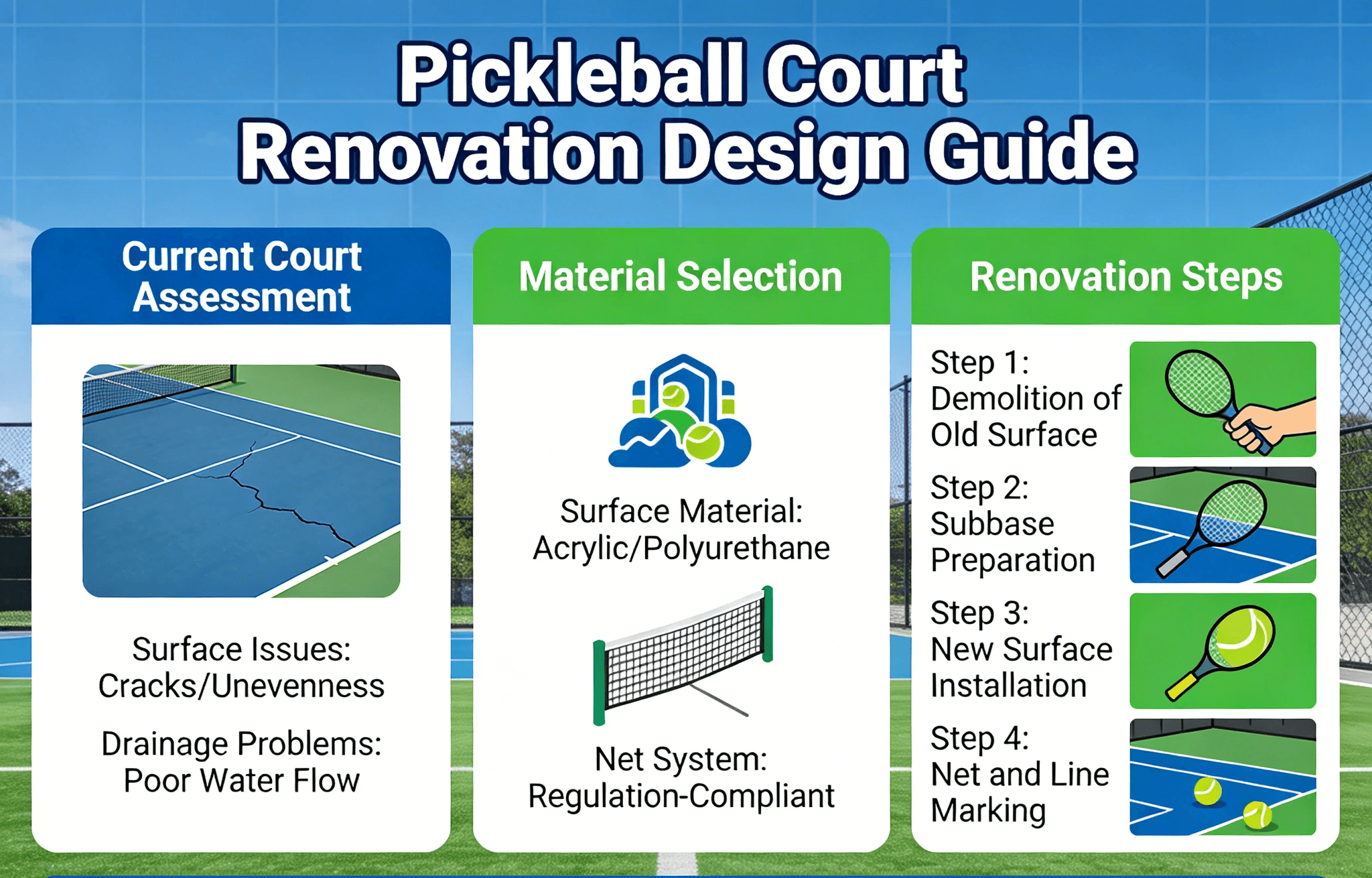 專業藍綠色匹克球場地坪工程,高品質防滑室外運動場地板施工服務。