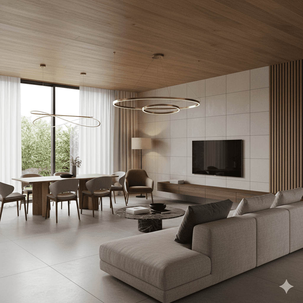 Neutral-toned living room with curated modern furniture and serene lighting palette.