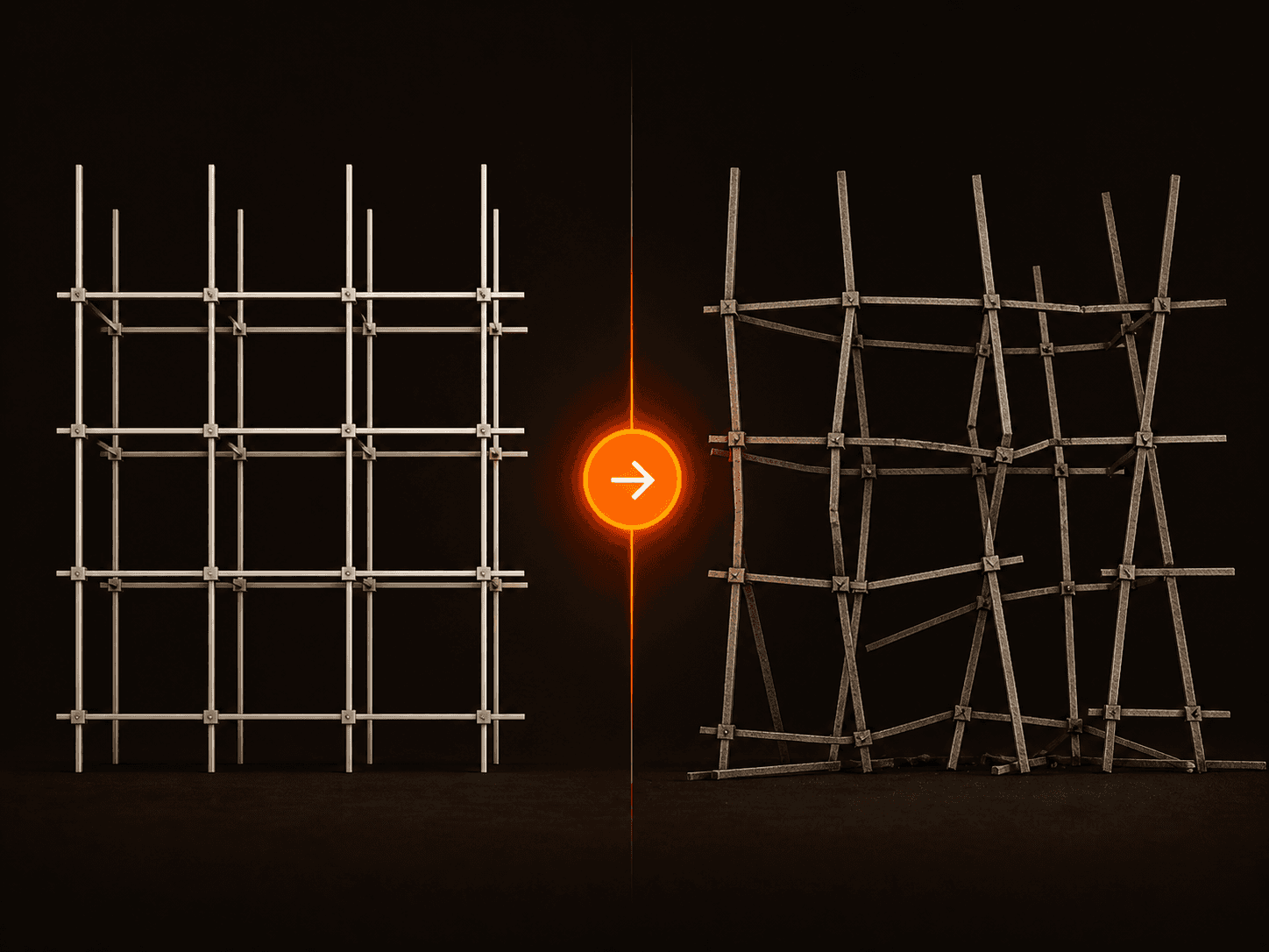 Two large structural surfaces or blocks attempting to connect in center.