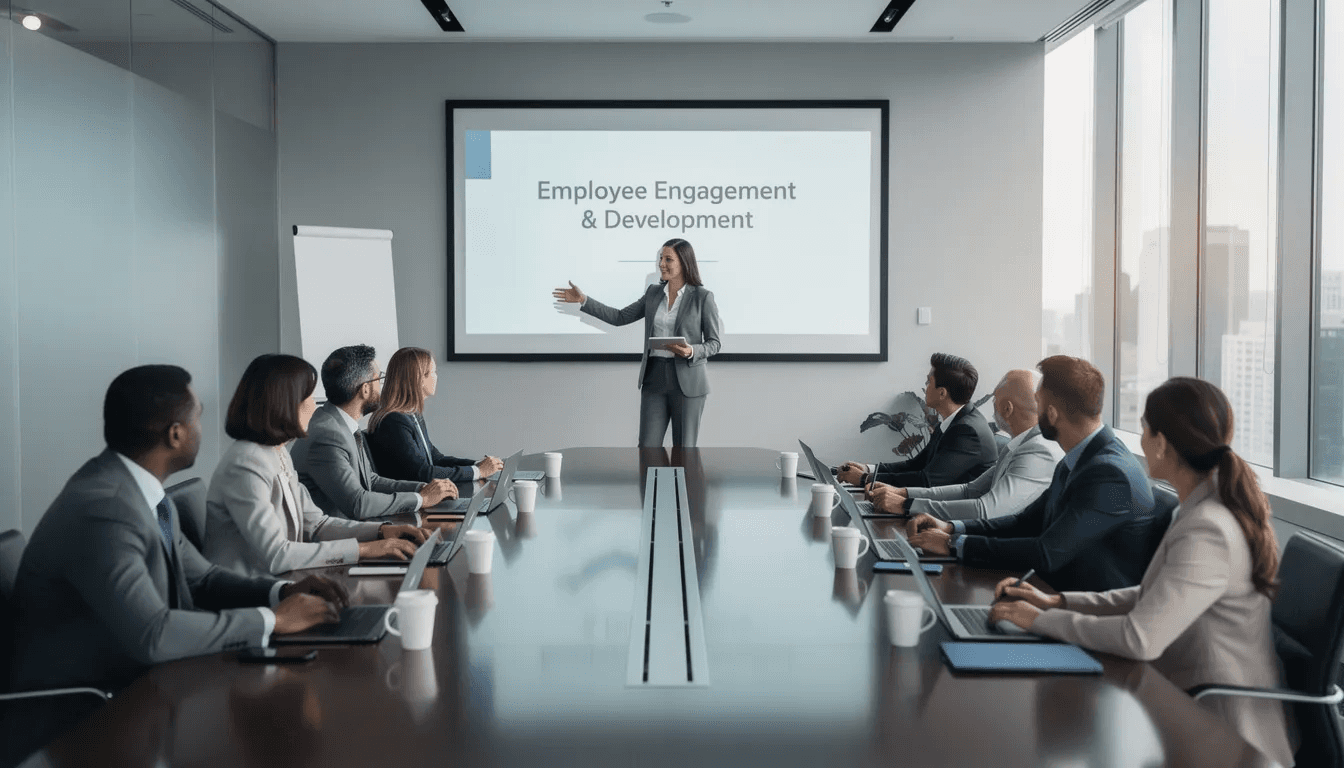 An HR professional is presenting to a group of employees in a conference room, discussing various aspects of their retirement plans, including investment options like managed accounts and mutual funds. The presentation aims to educate participants on asset allocation strategies and the importance of understanding their risk tolerance to achieve their retirement goals.