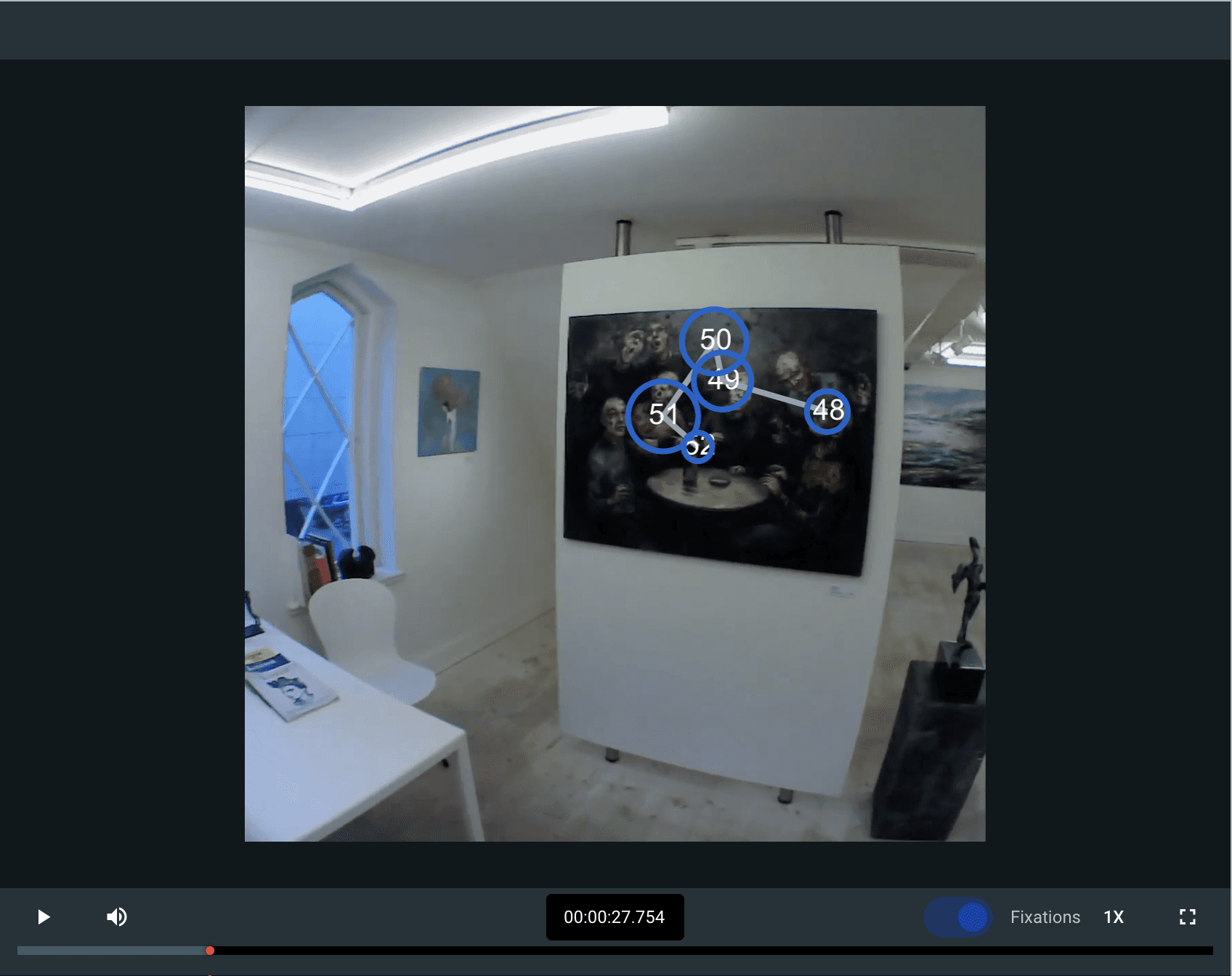 Screenshot of the recording player with the fixation scanpath visualization enabled.