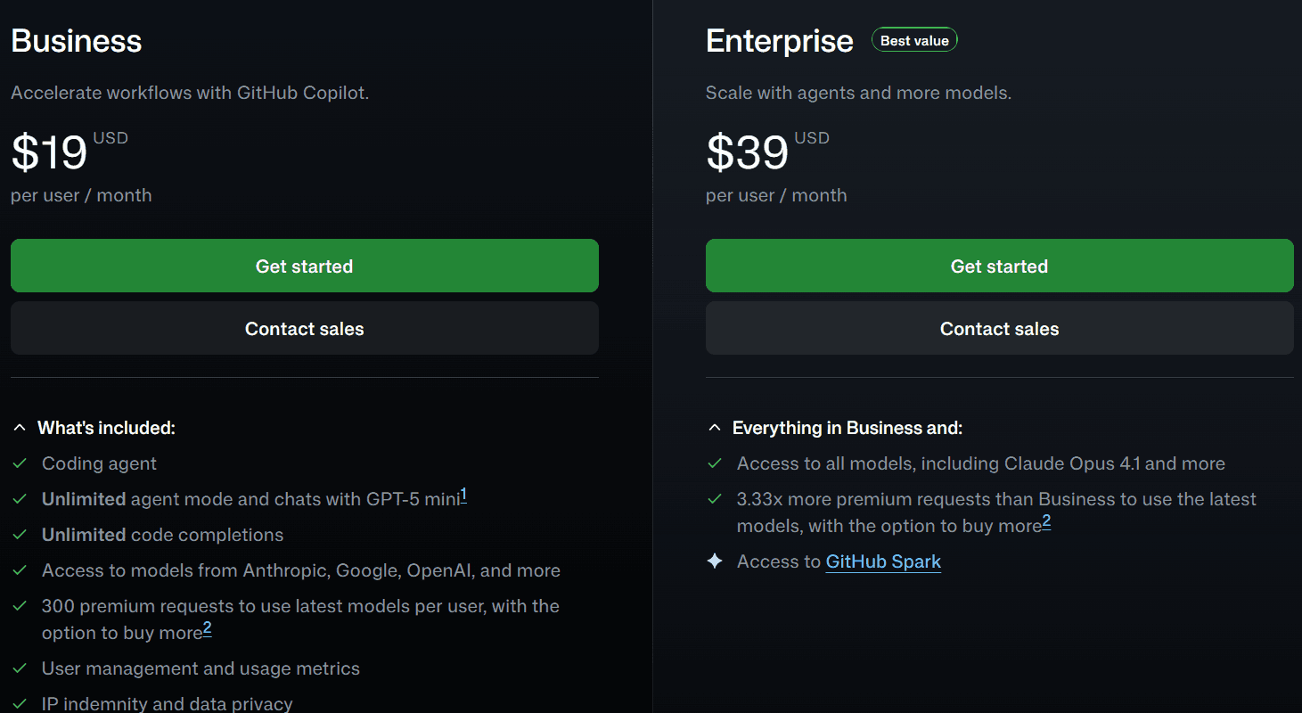 Github Copilot Business & Enterprise plans