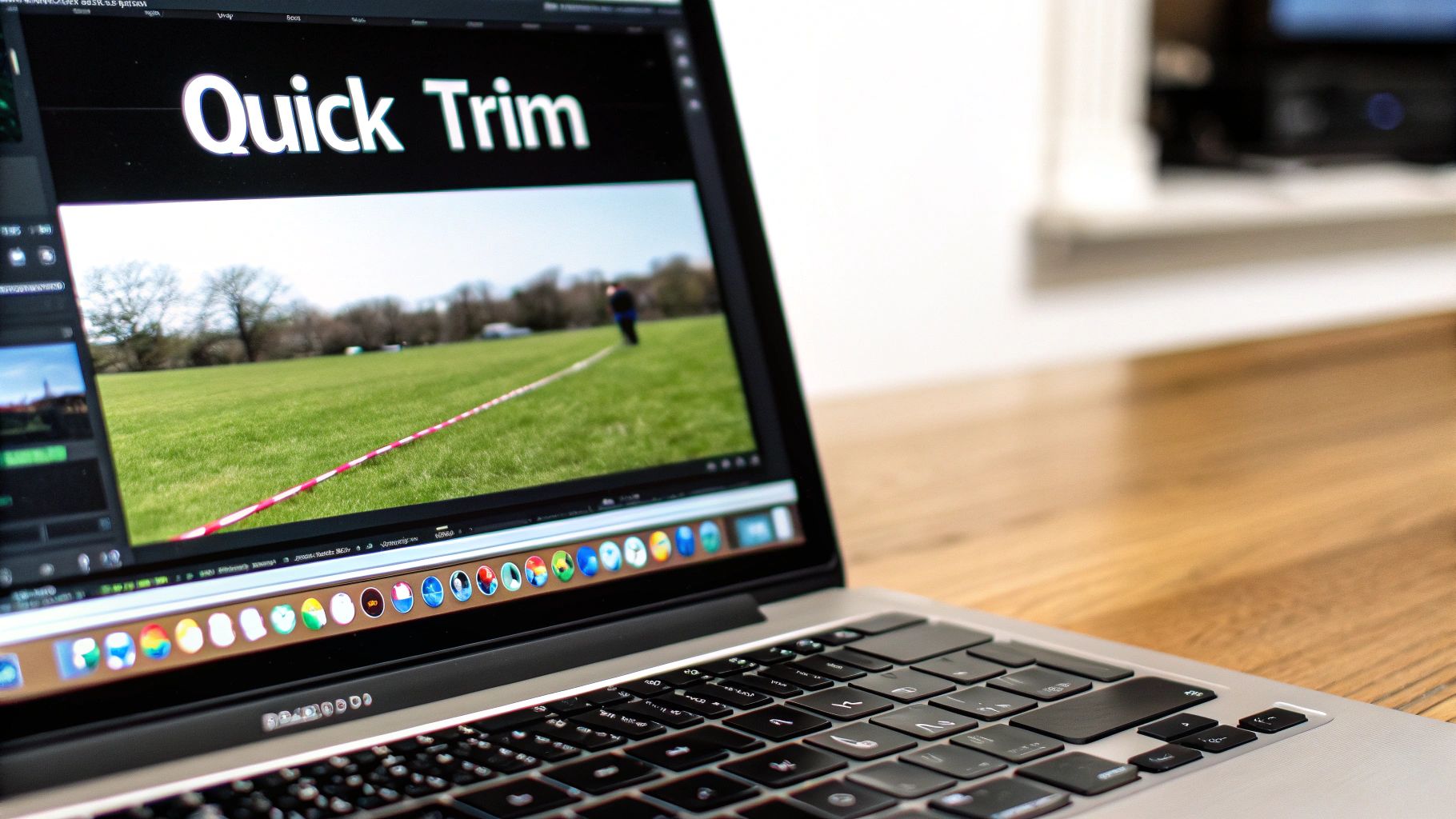 A laptop screen showing a video editing interface with the text 'Quick Trim' and a landscape video.