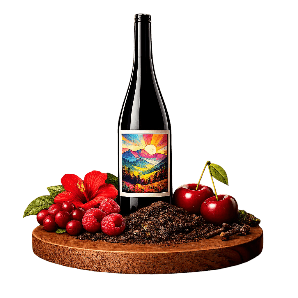 Artistic label and flavor profile for Slovak Pinot Noir on a rustic wooden table.